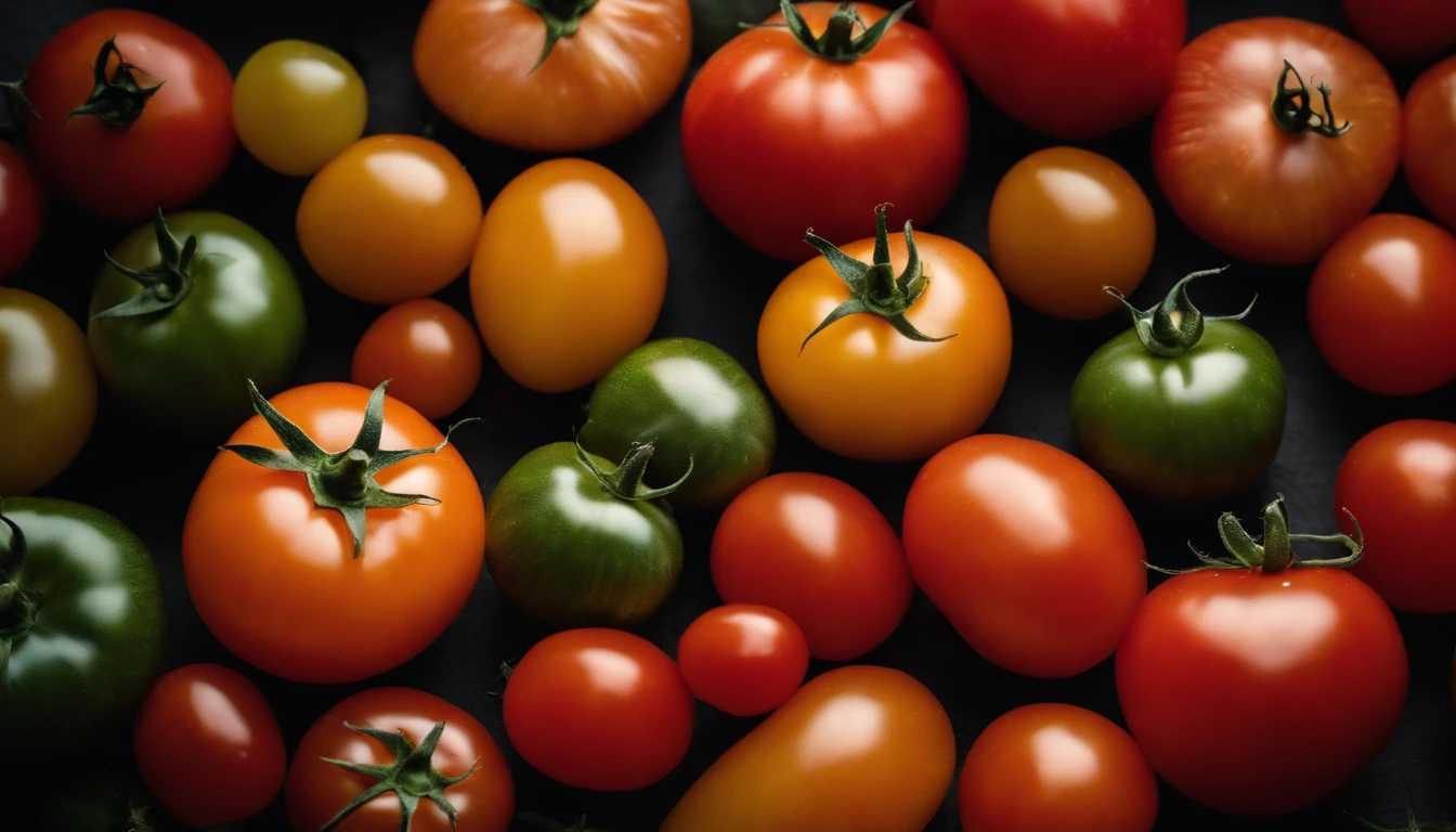 a top-down shot of a variety of tomatoes in different colors and sizes, arranged in an appealing and visually dynamic composition