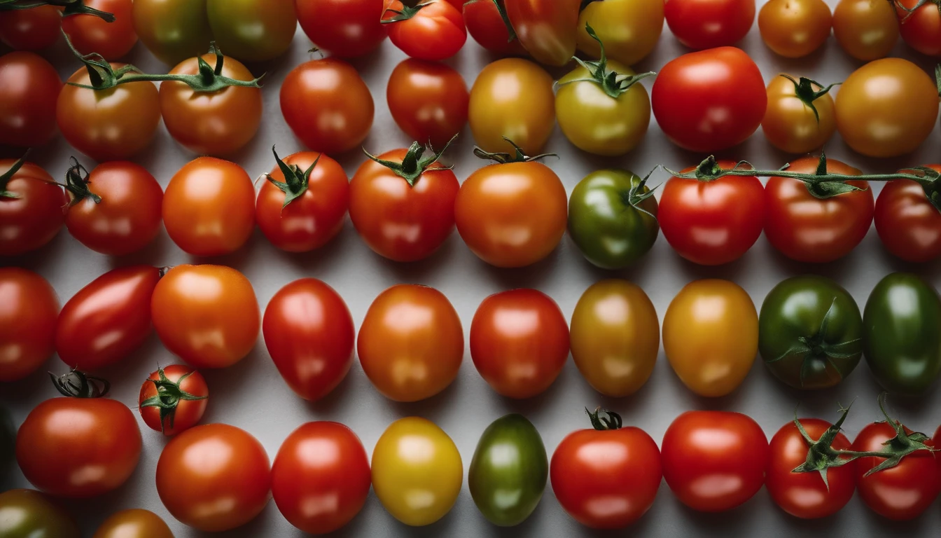 a top-down shot of a variety of tomatoes in different colors and sizes, arranged in an appealing and visually dynamic composition