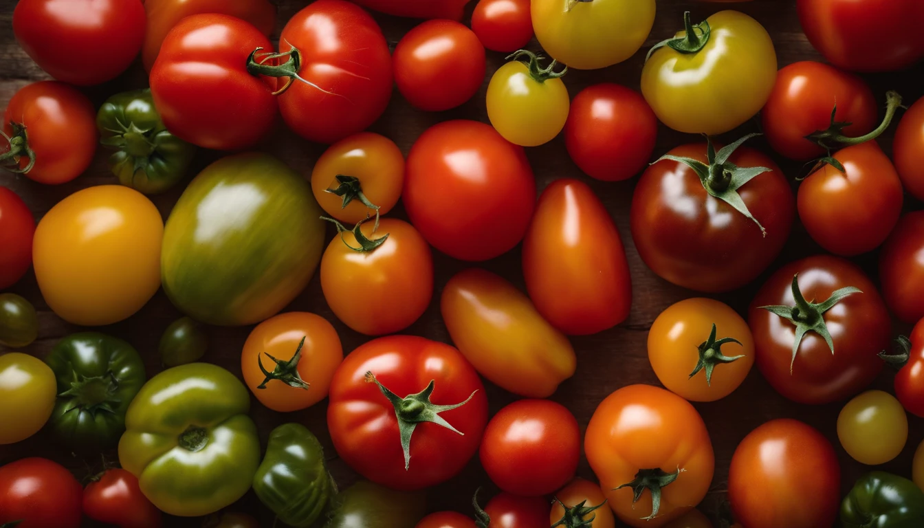 a top-down shot of a variety of tomatoes in different colors and sizes, arranged in an appealing and visually dynamic composition