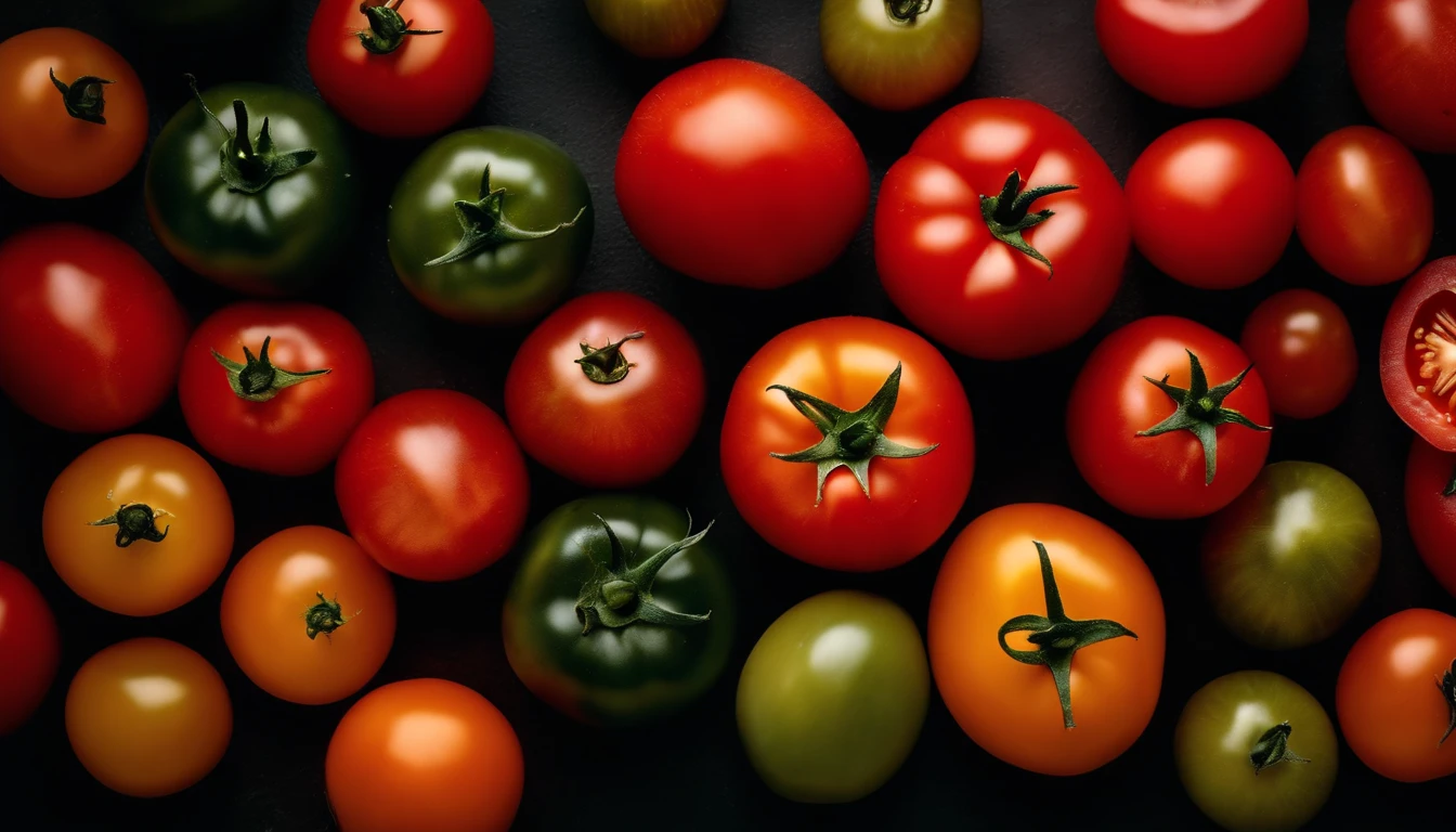 a top-down shot of a variety of tomatoes in different colors and sizes, arranged in an appealing and visually dynamic composition
