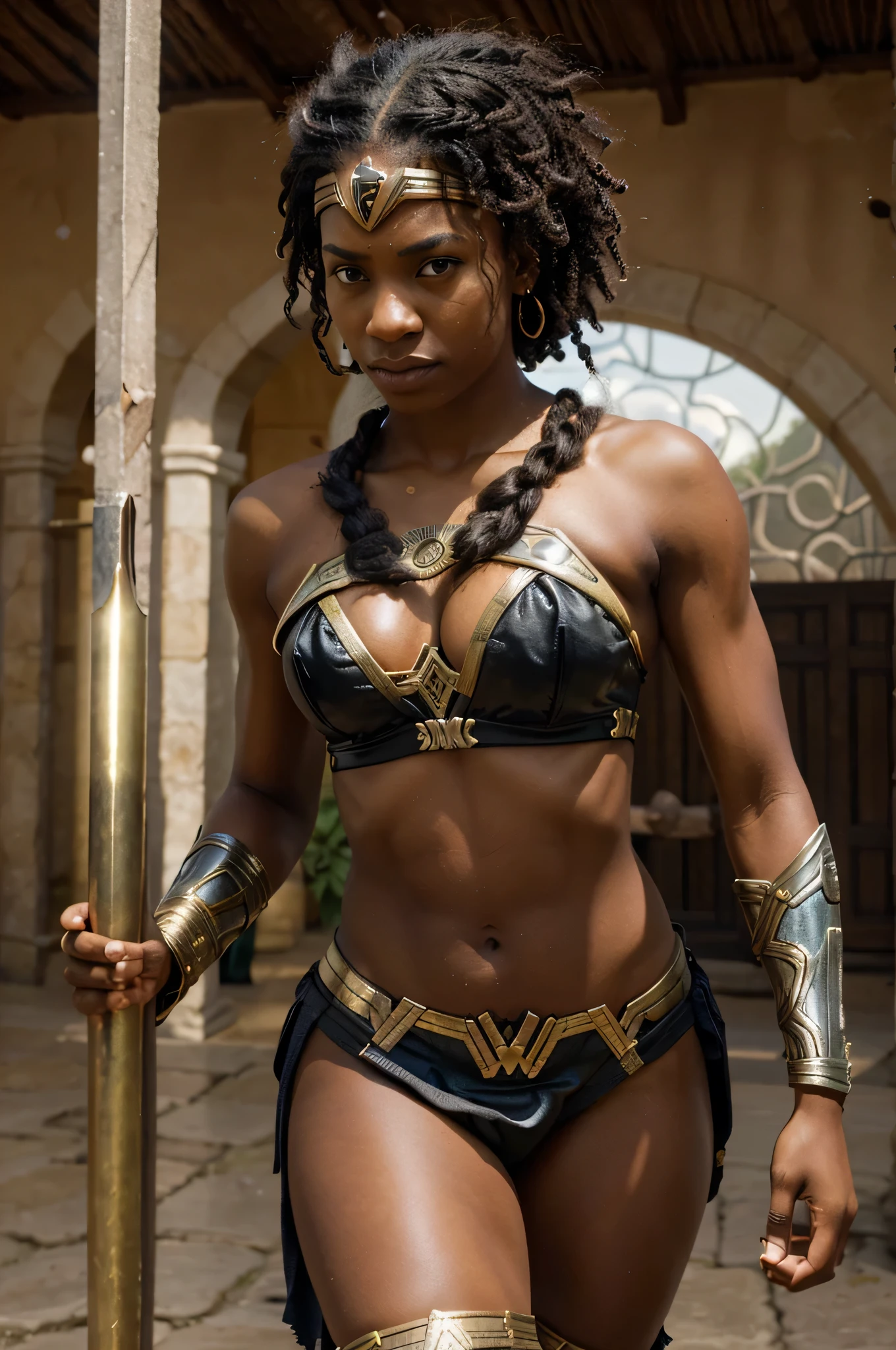 Wonder Woman in the black and African version would be a powerful and inspiring warrior, with physical and cultural characteristics that reflect African heritage. Ela teria uma pele de tom escuro e radiante, curly or braided hair, and expressive eyes that reflect the strength and wisdom of your lineage. His armor and attire would be adorned with African motifs and patterns...., utilizando cores vibrantes e simbolismo que representam a rica cultura do continente. She would carry with her weapons and artifacts inspired by African history and mythology, showing their connection to the traditions and legends of their land. In addition to his physical strength and combat skills, African Wonder Woman would also be an advocate for justice and equality, combat oppression and promote harmony among people. Its origin story may be linked to African myths and legends, highlighting your connection to nature and ancestral spirits.