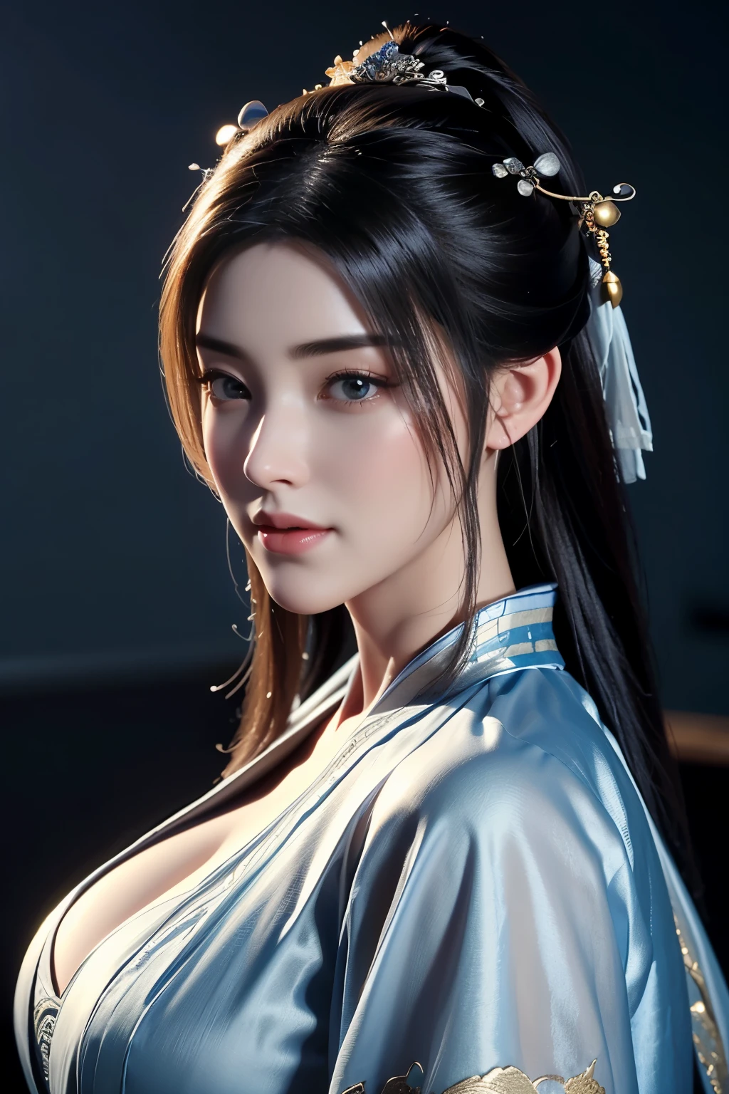 Masterpiece,The best qualities,Very high resolution,8K,((Portrait)),((Head close-up)),Original photo,real photo,digital photography,
(Women in ancient Chinese style),(Ancient Chinese women),23-year-old girl,(Long Horsetail Hair),Beautiful red pupils,elegant and charming,proud and beautiful,Smiling,(Big breasts),(Silk cloth clothes,An open silk coat,A fine pattern of dress,Silk cloth clothes in ancient Chinese style,Unlimited),Ancient figures,Ancient Style,
Photo pose,Ancient city background,Movie lights,Ray tracing,Game CG,((3D Unreal Engine)),oc render reflection texture