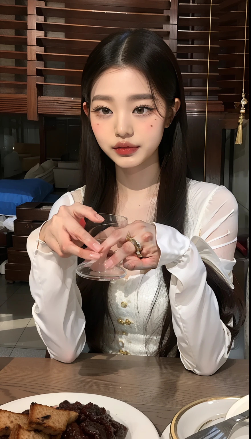 Hay una mujer sentada en una mesa con una copa de vino, Blackpink Jennie, Asian girl con el pelo largo, beautiful Asian girl, con el pelo largo, Peinado blanco de corte hime, Hermosa mujer surcoreana, Xision Wu, Asian girl, Chica coreana, Ruan Jia hermoso!, asian features, young Asian girl, Chica china, Hermosa modelo china, El Corte Hime