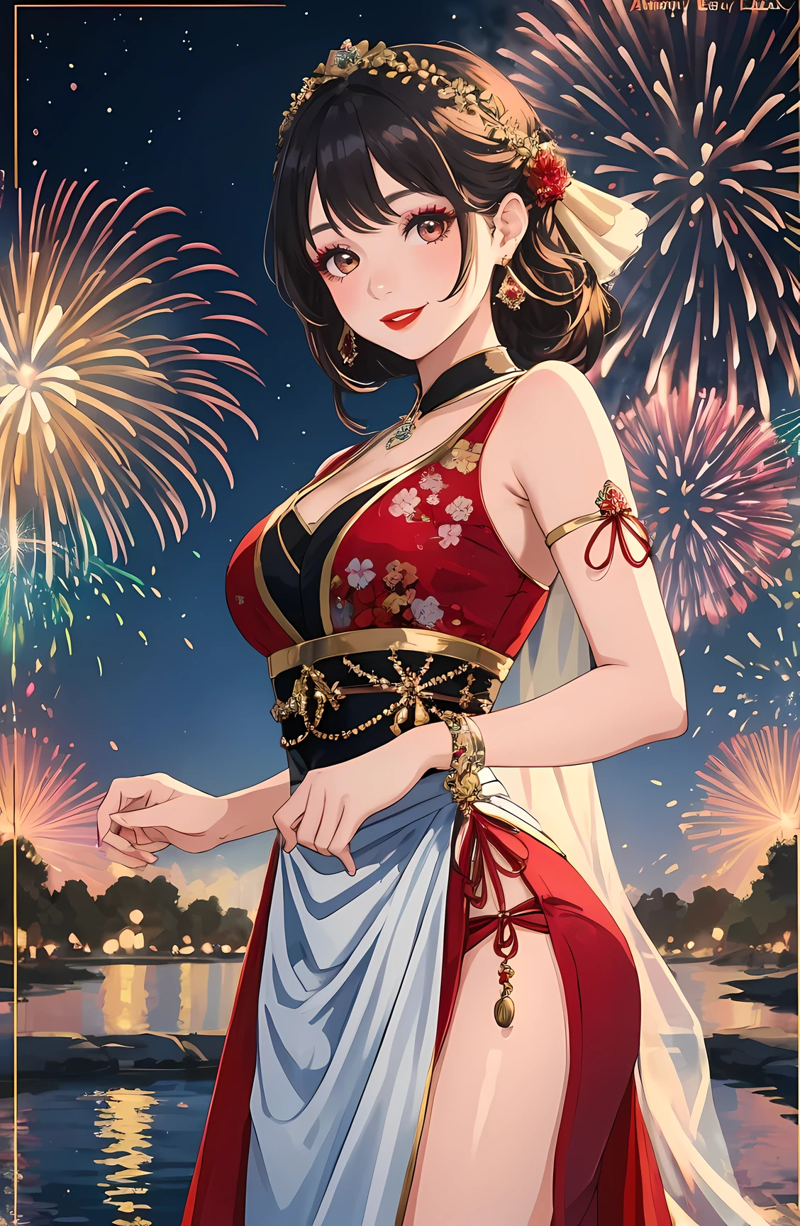 Best quality at best, tmasterpiece, hyper HD, 超高分辨率, 超高分辨率, 16K Full HD New Year Poster, New Year's theme, 1 girl with saffron hair accessory, 耳Nipple Ring, Redlip, Beautiful face and exquisite makeup, The girl is more beautiful, girl wearing gorgeous clothes,The clothes have exquisite and beautiful patterns, Colorful fireworks bloom behind the girl, Girl is looking at the camera with a happy smile