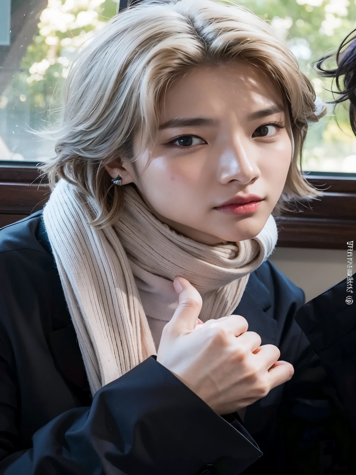 there is a man with a scarf on jung hyunjin, skz, hwang hyunjin, yanjun chengt, straykids, kpop, ulzzang, beautiful androgynous prince, adorable korean face