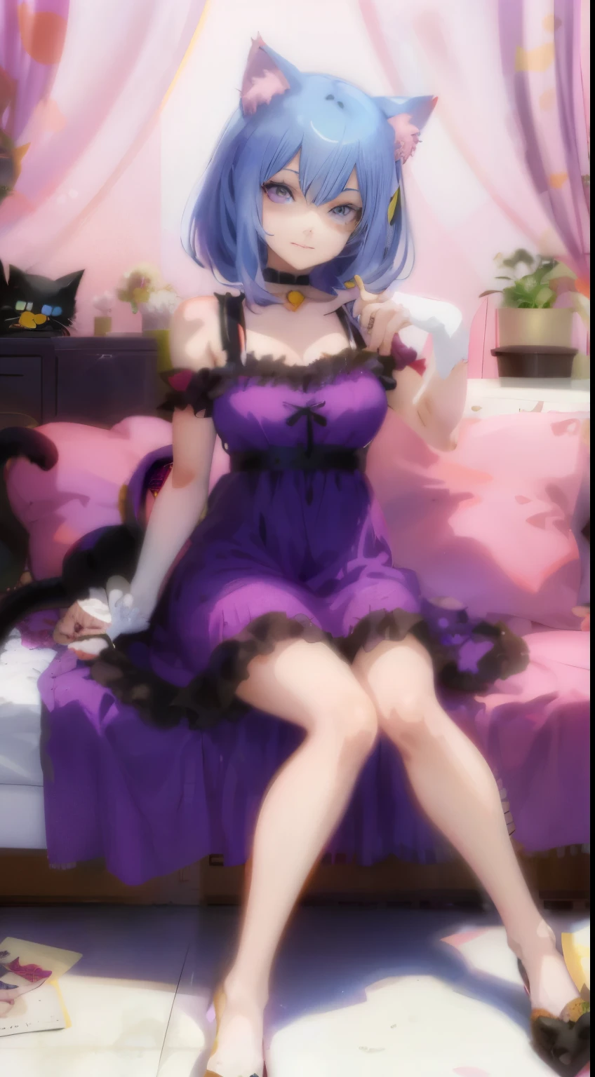 Anime girl with horns and a purple dress sits on a stuffed animal, anime moe artstyle, anime monster girl, demon anime girl, anime girl with cat ears, mika kurai demon, shalltear from overlord, cute anime cat girl, attractive cat girl, official character art, girl with cat ears, fullbody commission for, cat girl, anime cat girl