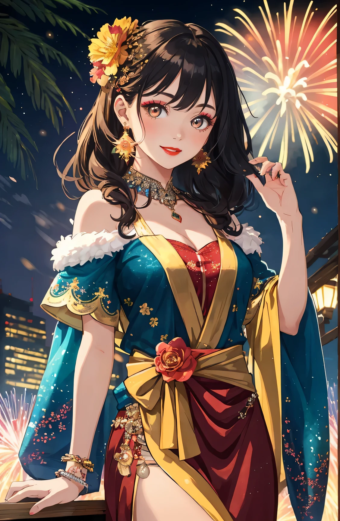 Best quality at best, tmasterpiece, hyper HD, 超高分辨率, 超高分辨率, 16K Full HD New Year Poster, New Year's theme, 1 girl with saffron hair accessory, 耳Nipple Ring, Redlip, Beautiful face and exquisite makeup,  The girl is more beautiful, girl wearing gorgeous clothes，The clothes have exquisite and beautiful patterns, Colorful fireworks bloom behind the girl, Girl is looking at the camera with a happy smile
