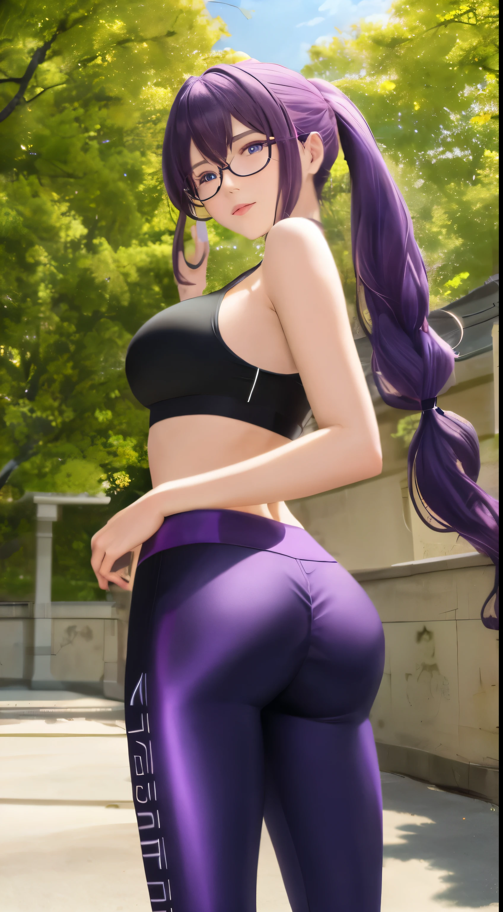 (masterpiece, best quality), high quality, absurdres, highres, ultra detailed, intricate, beautiful woman, 1girl, kafka \(honkai: star rail\), star-kafka, looking at viewer, from behind, looking back, ass, toned, sports bra, leggings, high-waist pants, yoga pants, ponytail, purple hair, purple eyes, sunglasses, hair between eyes, eyewear on head, outdoors,