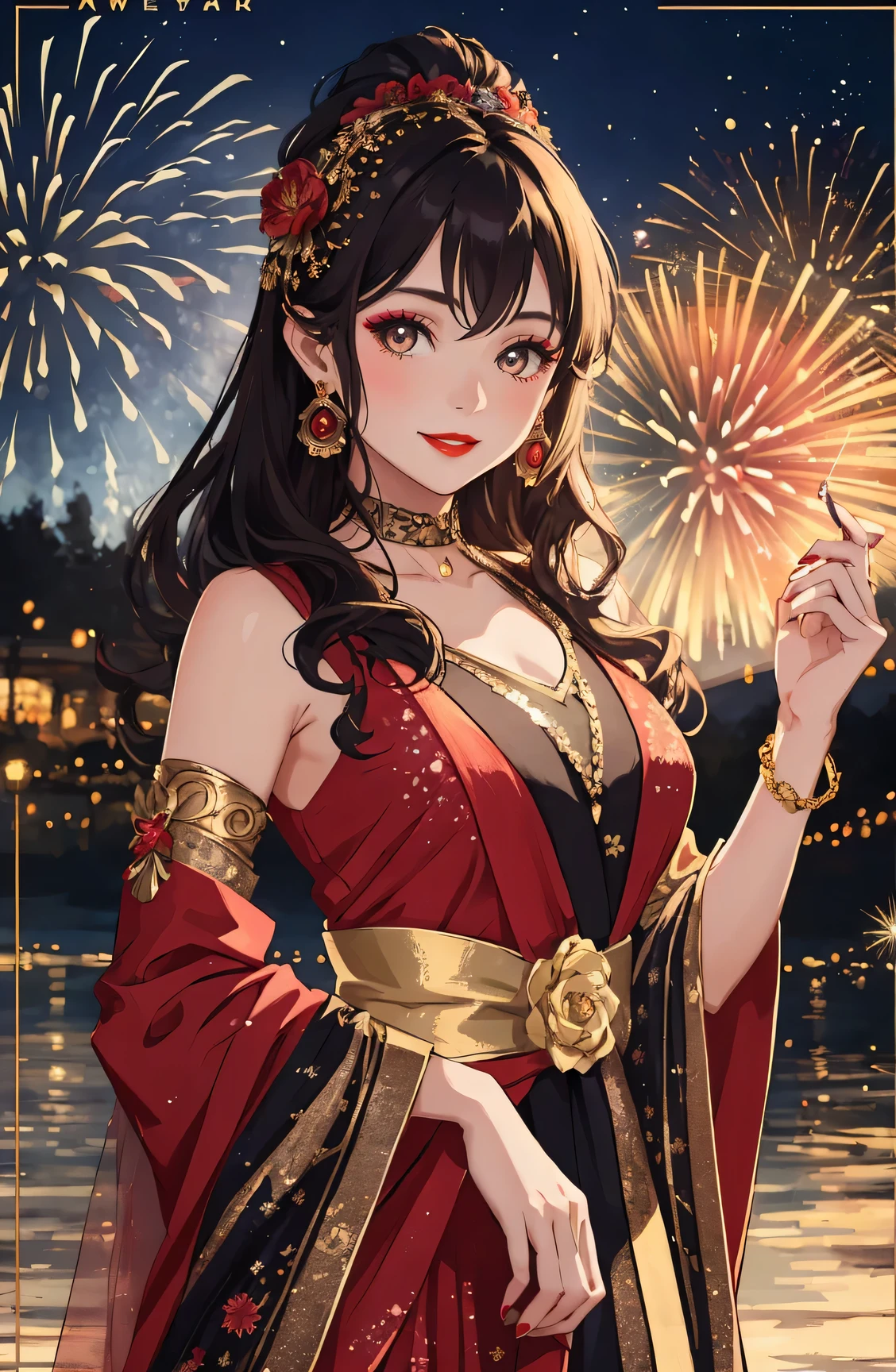 Best quality at best, tmasterpiece, hyper HD, 超高分辨率, 超高分辨率, 16K Full HD New Year Poster, New Year's theme, 1 girl with saffron hair accessory, 耳Nipple Ring, Redlip, Beautiful face and exquisite makeup, The girl is more beautiful, girl wearing gorgeous clothes,The clothes have exquisite and beautiful patterns, Colorful fireworks bloom behind the girl, Girl is looking at the camera with a happy smile