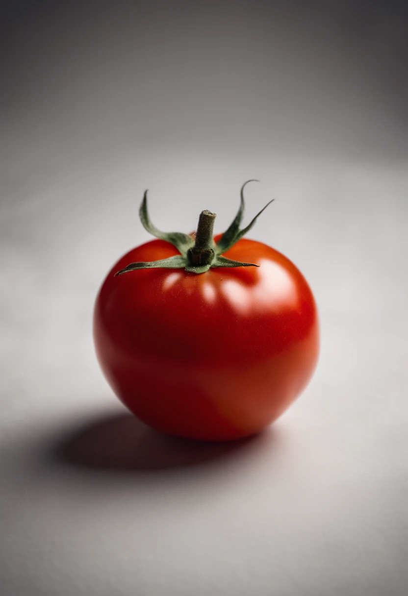 a minimalistic shot of a single tomato against a clean, white or monochromatic background, allowing its bold color and smooth skin to be the focal point