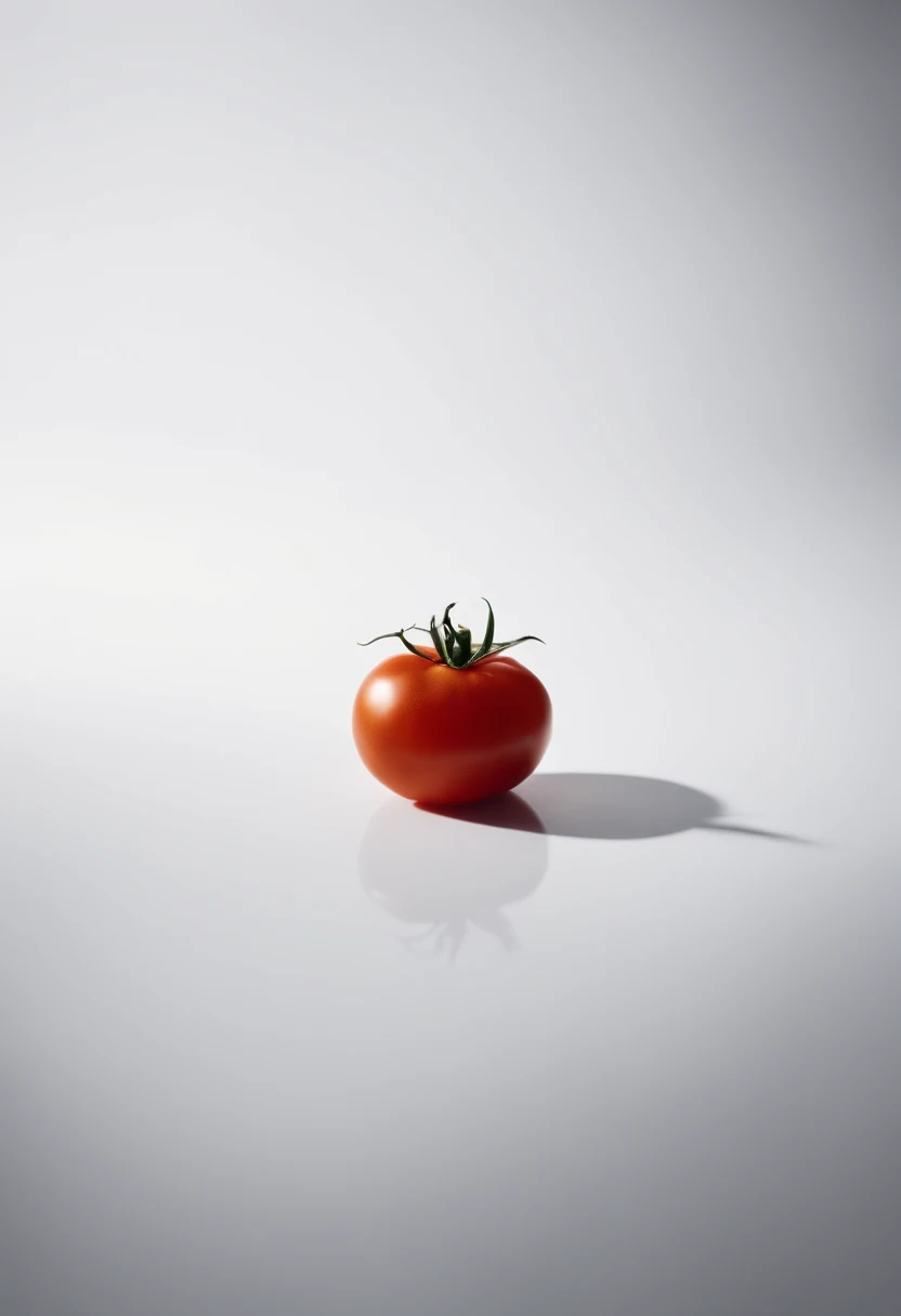 a minimalistic shot of a single tomato against a clean, white or monochromatic background, allowing its bold color and smooth skin to be the focal point