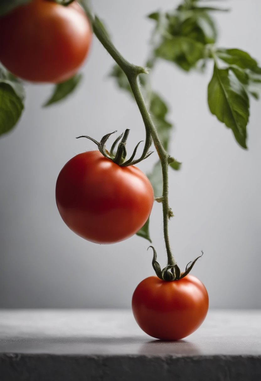 a minimalistic shot of a single tomato against a clean, white or monochromatic background, allowing its bold color and smooth skin to be the focal point