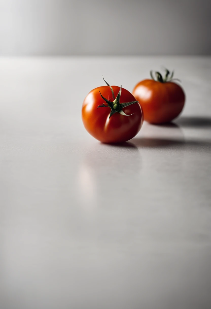 a minimalistic shot of a single tomato against a clean, white or monochromatic background, allowing its bold color and smooth skin to be the focal point