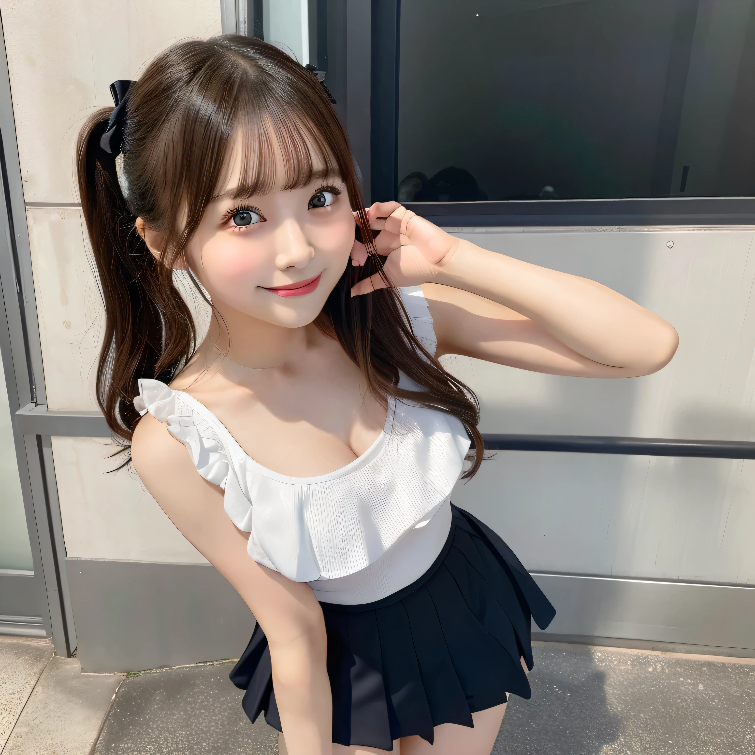 Adorable, 14years,, Japan Girl , Tank top with ruffles、Lower body pleated skirt, curlyhair, hair scrunchie, Twin-tailed, Big breasts about to burst、(Best Quality:1.0), (超A high resolution:1.0) ,(photographrealistic:1.2), (ultra-detailliert:1.0), (8k RAW photo:1.1), Facial expressions、Smiling smile、Inviting eyes、a baby face、nogizaka、Beautiful black eyes:1.3、17-year-old schoolgirl