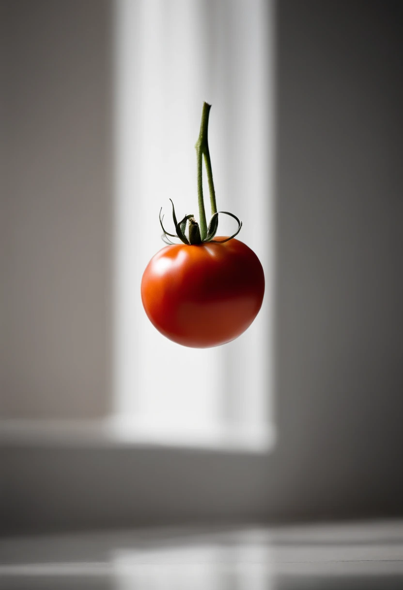a minimalistic shot of a single tomato against a clean, white or monochromatic background, allowing its bold color and smooth skin to be the focal point