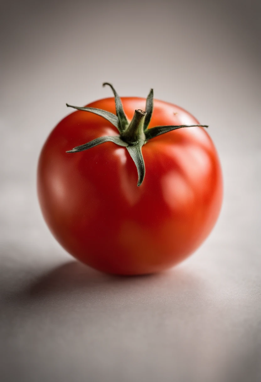 a minimalistic shot of a single tomato against a clean, white or monochromatic background, allowing its bold color and smooth skin to be the focal point
