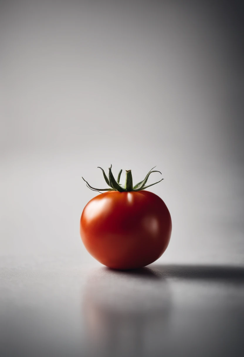 a minimalistic shot of a single tomato against a clean, white or monochromatic background, allowing its bold color and smooth skin to be the focal point