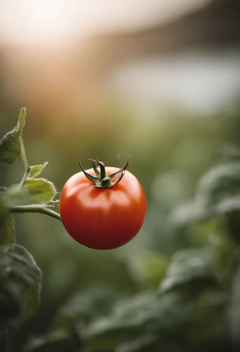a minimalistic shot of a single tomato against a clean, white or monochromatic background, allowing its bold color and smooth skin to be the focal point