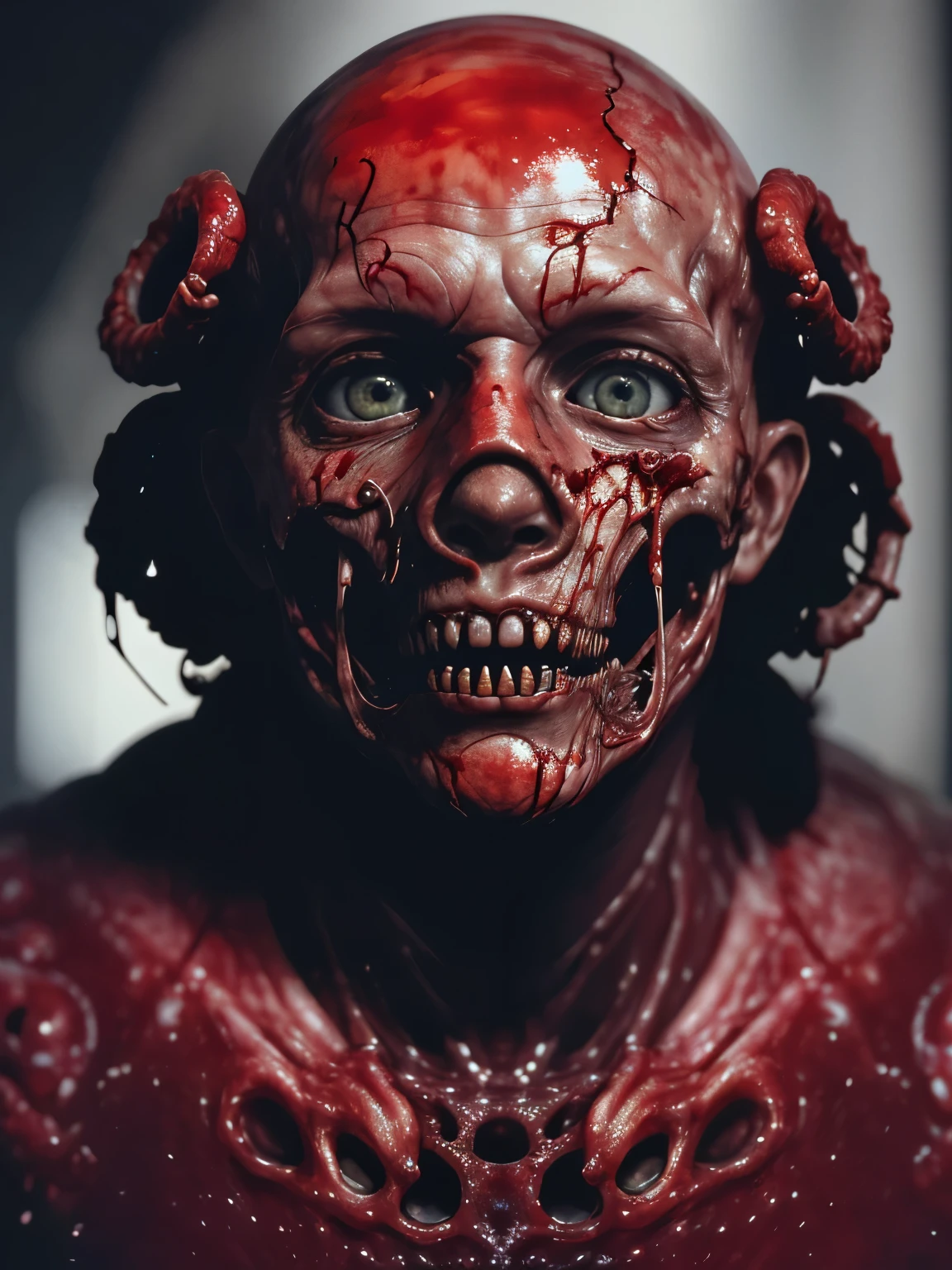(body horror:1.4), portrait , close up of face, (biomachine:1.3), (bloody:1.2), ser vivo, (colorido:1.2), Hans Giger, many hands, (zentangle:1.2), granulado, extremamente detalhado, detalhe intrincado, dynamic lighting, fotorrealista, natural lightting, pouca luz, (obra-prima, detalhada, highres: 1.2), blood, red liquid , red