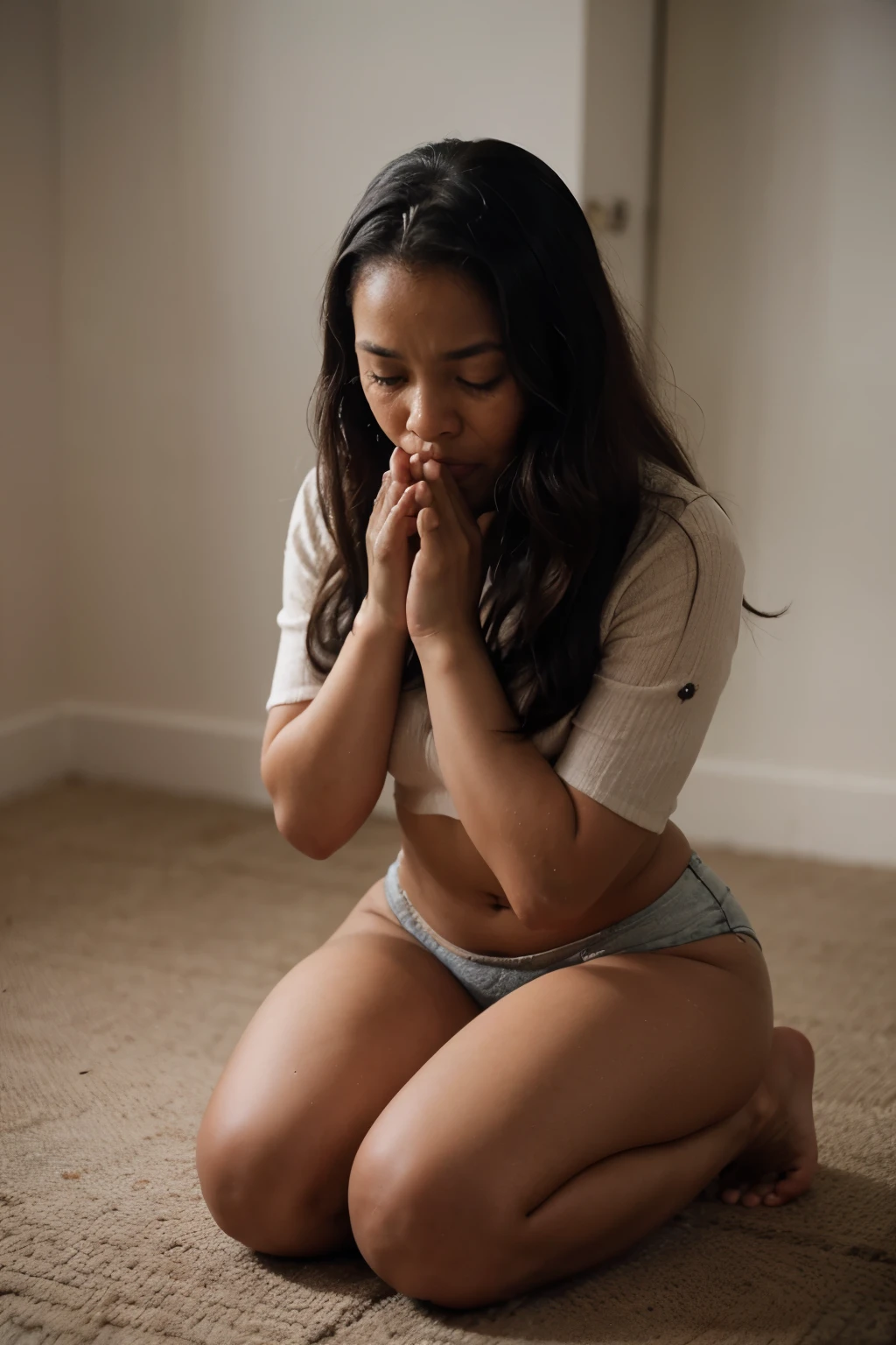 A black black girl crying at the same time praying to God kneeling with God comfort her