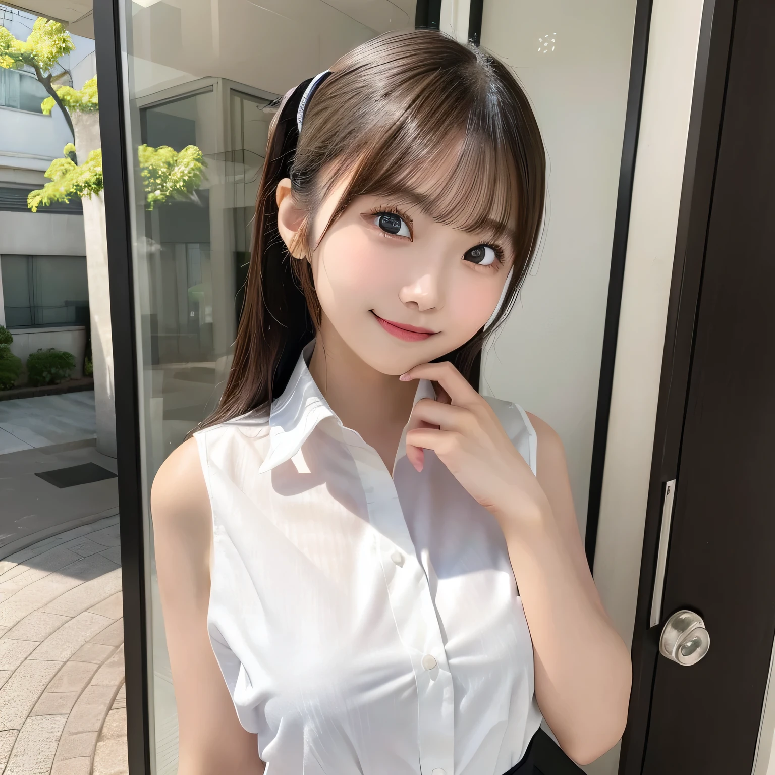 Adorable, japanaese girl,  ( White collared shirt:1.3), Sleeveless,  Standing , (Breast:1.0), 上半身_Body, Office,  hair scrunchie,  , (High color saturation:1.0),  (highlydetailed skin), (Best Quality:1.0), (超A high resolution:1.0) ,(photographrealistic:1.0), (ultra-detailliert:1.0), (8K, Raw photo:1.1),(See-through:1.3), (Smile, Looking at Viewer:1),(nffsw:1.0)、Well-formed hands、Clean hands、a baby face、nogizaka、Beautiful black eyes:1.３、17-year-old schoolgirl
