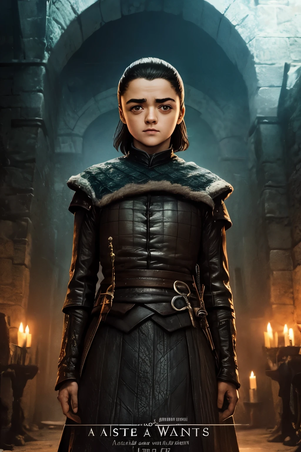 cinematic poster, Arte centrada, 1 girl, solo, ((sozinho)), (((only one character))),  Arya Stark, Rosto de Maisie Williams, rosto de Arya Stark, fantasia de arya stark, Roupas de Arya Stark, A Guerra dos Tronos,,  Game of Thrones, Gothic colors, climate of tension and terror, Adobe Illustration, trending on ArtStation, 8k, disco Rigido , master part, arte linda, detalhes intrincados.