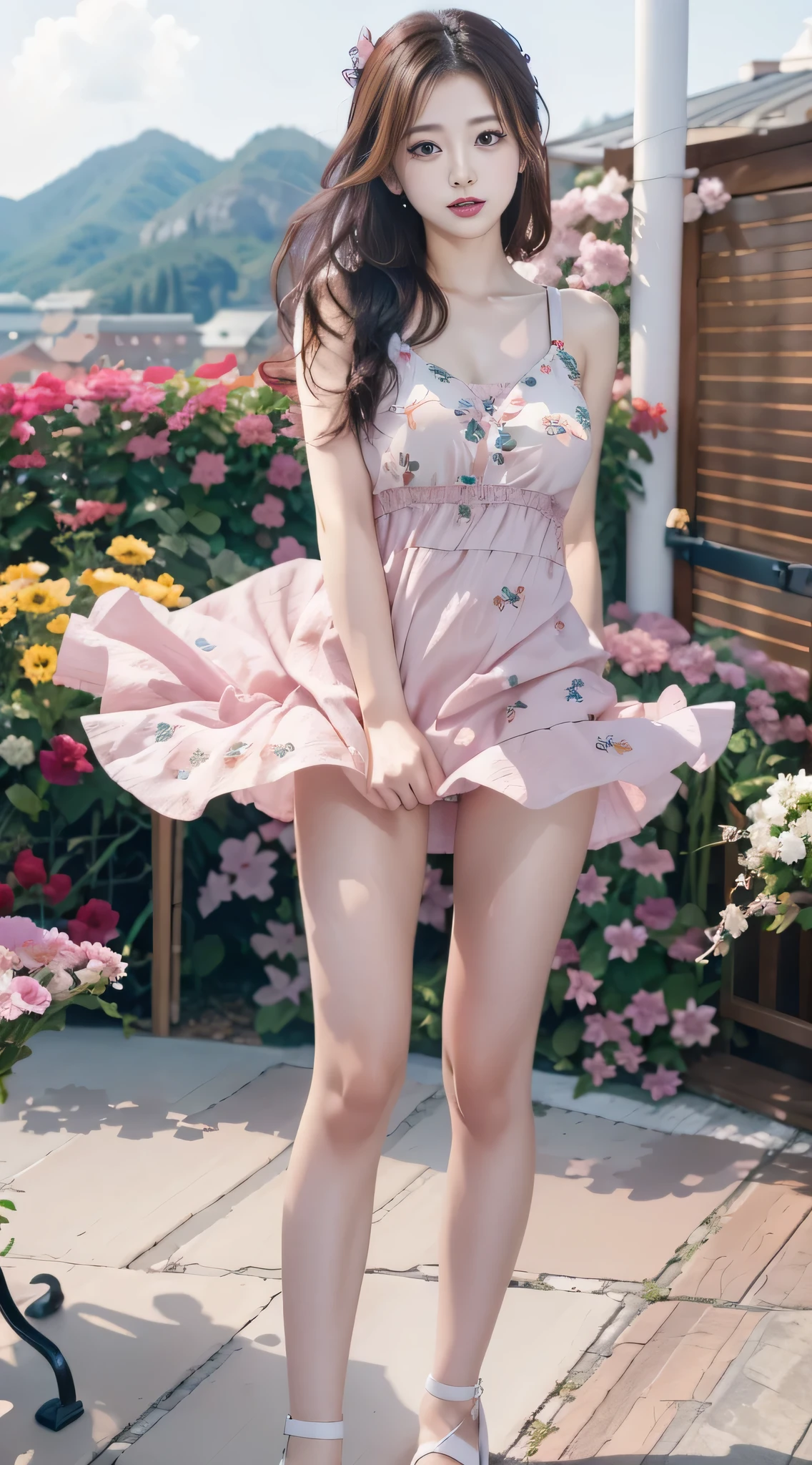 {{(top-quality、8K、32K、masterpiece、nffsw:1.2)}} ,wearing a dress on the balcony, opened dress, waist high, photo of slim girl model, thin waist, 奈良美智, in dress, waist - shot, Young Pretty Gravure Idol, translucent dress, sophisticated gravure idol, {{Wearing a pink dress}},(wind lift:1.6)、{{Esbian holds down her skirt with her hands..、the wind、城市、outside of house