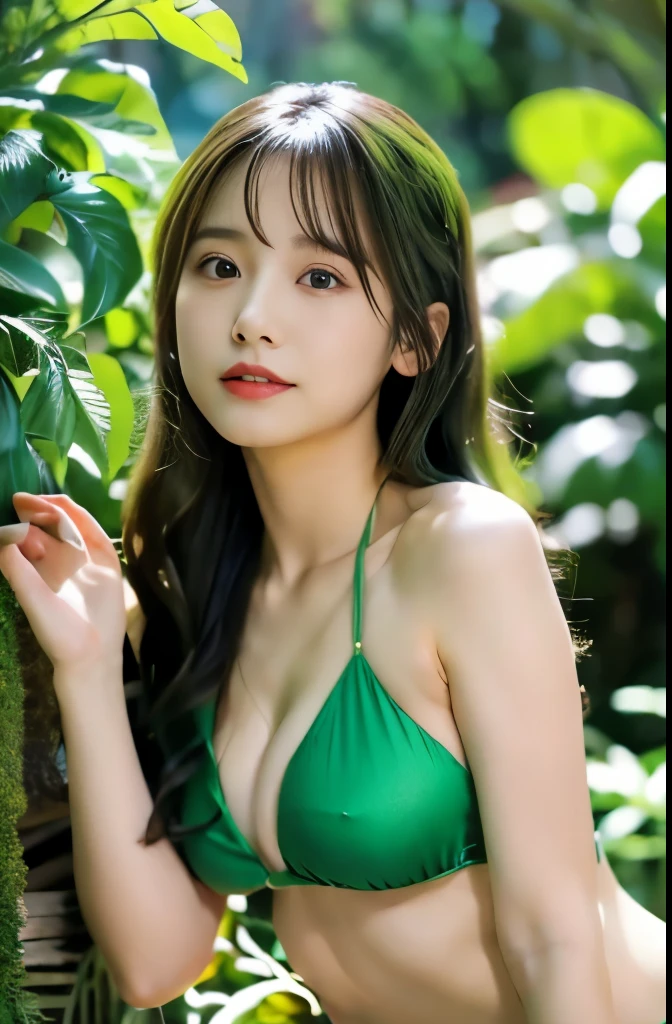 "8K resolution, RAW photo quality, Masterpiece level: 1.2, Photo-realistic style: 1.4, Extremely detailed 8K wallpaper, Cinematic lighting, Sharp focus, Full body, 20-year-old Japanese idol and actress, Perfect and shiny skin, Green hair, Green hair, Green hair, Green bikini, Lush and vibrant garden, Sensual elegance, Allure and serenity, Nature connection, Dense tropical rainforest, Luxurious garden, Lush greenery, Exotic flowers, Vines, Natural abundance, Sexy pose, slender, Mysterious atmosphere."