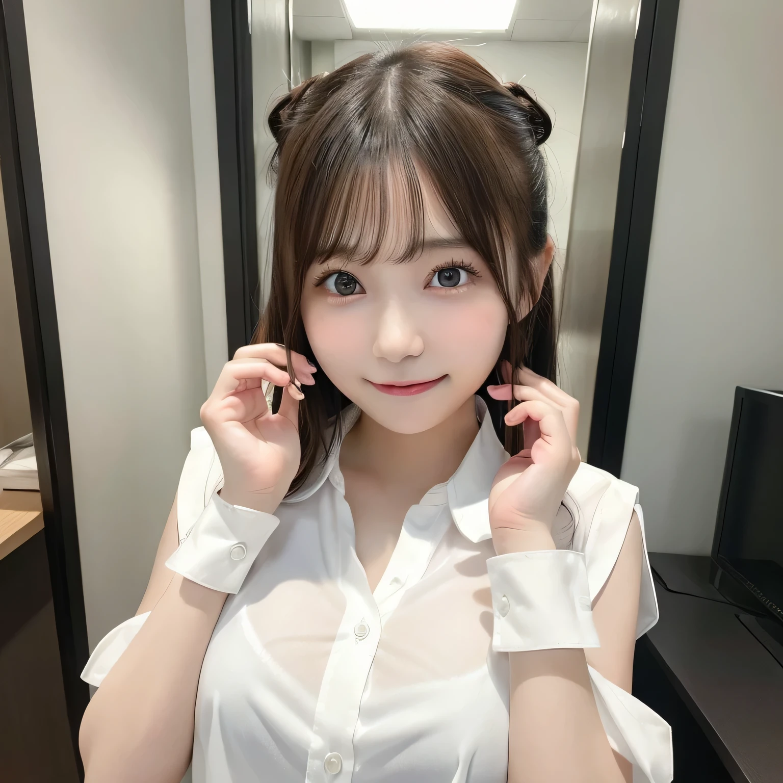 Adorable, japanaese girl, ( White collared shirt:1.3), Sleeveless, Standing 、Big breasts,Button is detached、 (Breast:1.0), 上半身_Body, Office, hair scrunchie, , (High color saturation:1.0), (highlydetailed skin), (Best Quality:1.0), (超A high resolution:1.0) ,(photographrealistic:1.0), (ultra-detailliert:1.0), (8K, Raw photo:1.1),(See-through:1.3), (Smile, Looking at Viewer:1),(nffsw:1.0)、Well-formed hands、Clean hands、a baby face、nogizaka、Beautiful black eyes:1.3、17-year-old schoolgirl