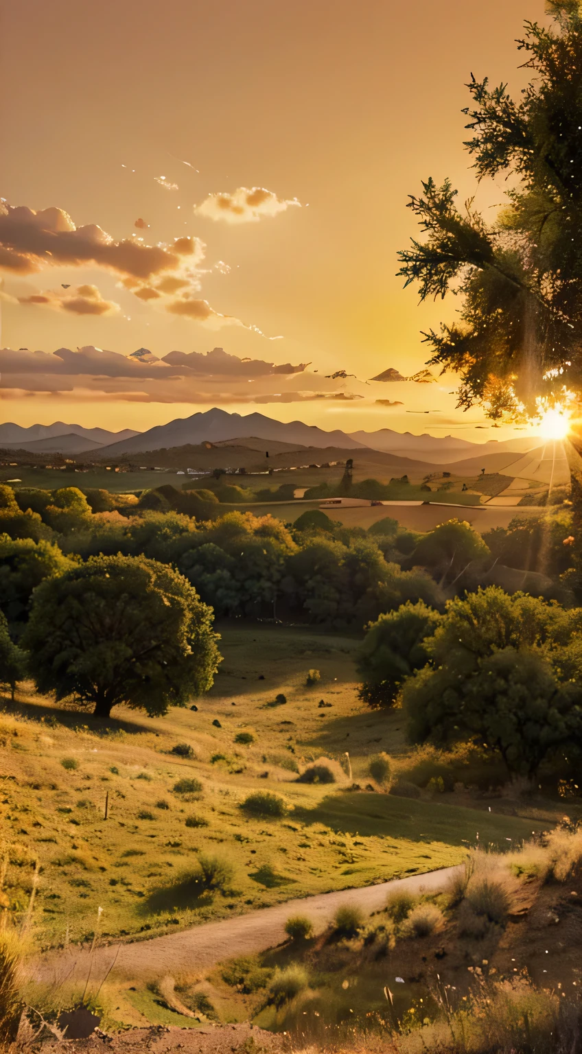 Create a beautiful image of a green savannah with some plane trees and a mountainous horizon, under an orange night sky, e um sol radiante.