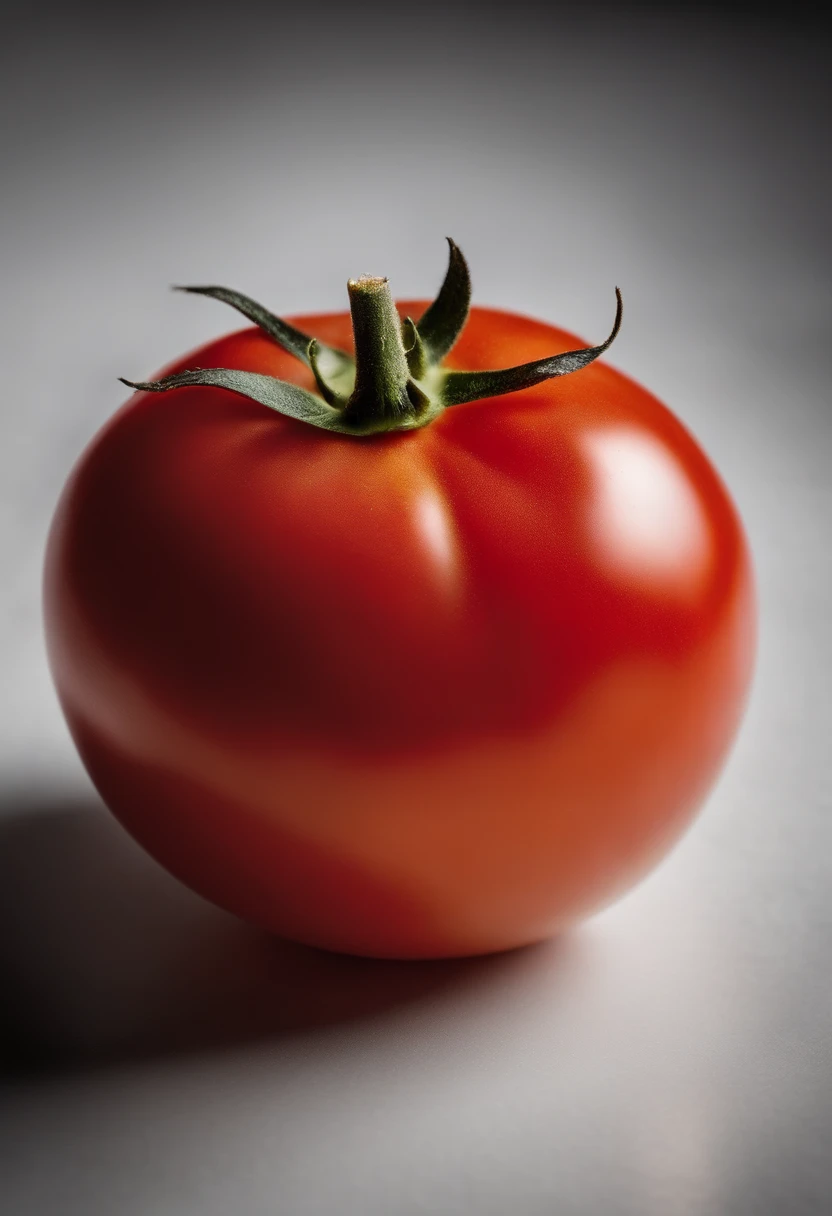 a minimalistic shot of a single tomato against a clean, white or monochromatic background, allowing its bold color and smooth skin to be the focal point