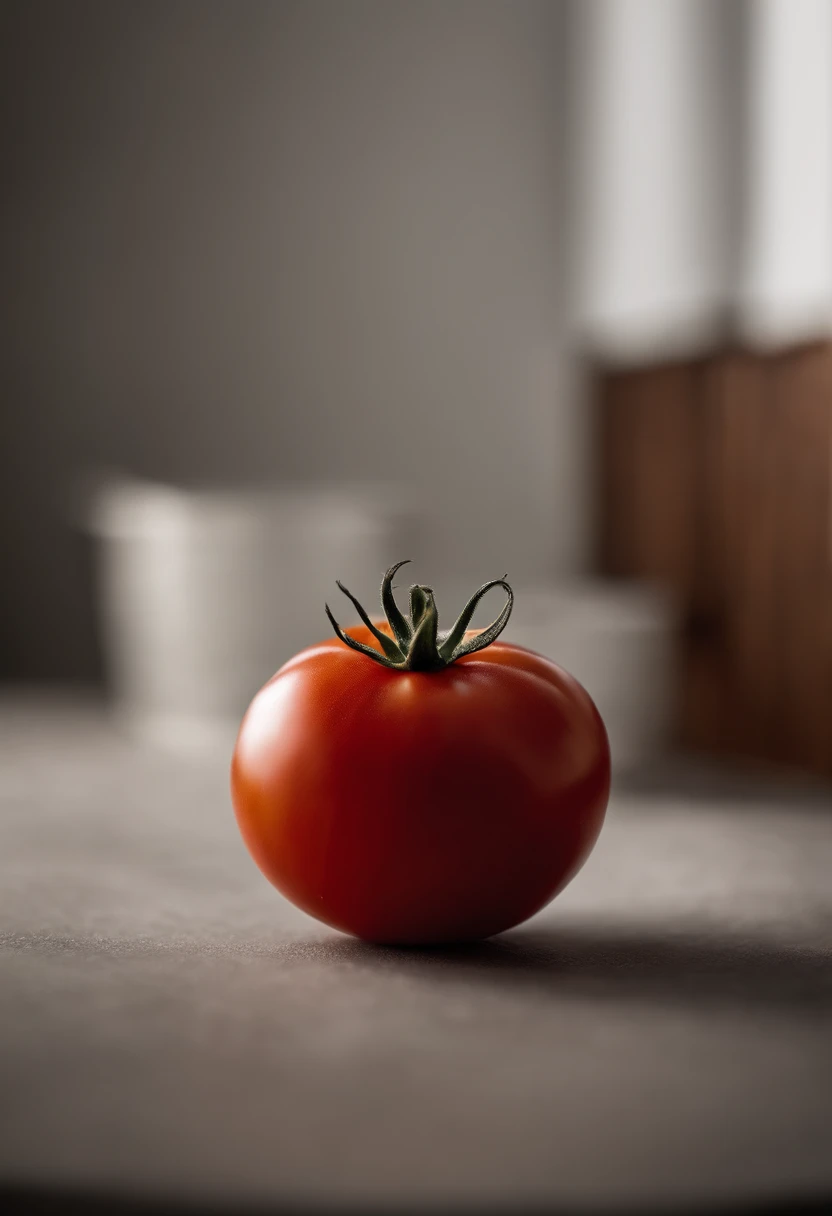 a minimalistic shot of a single tomato against a clean, white or monochromatic background, allowing its bold color and smooth skin to be the focal point