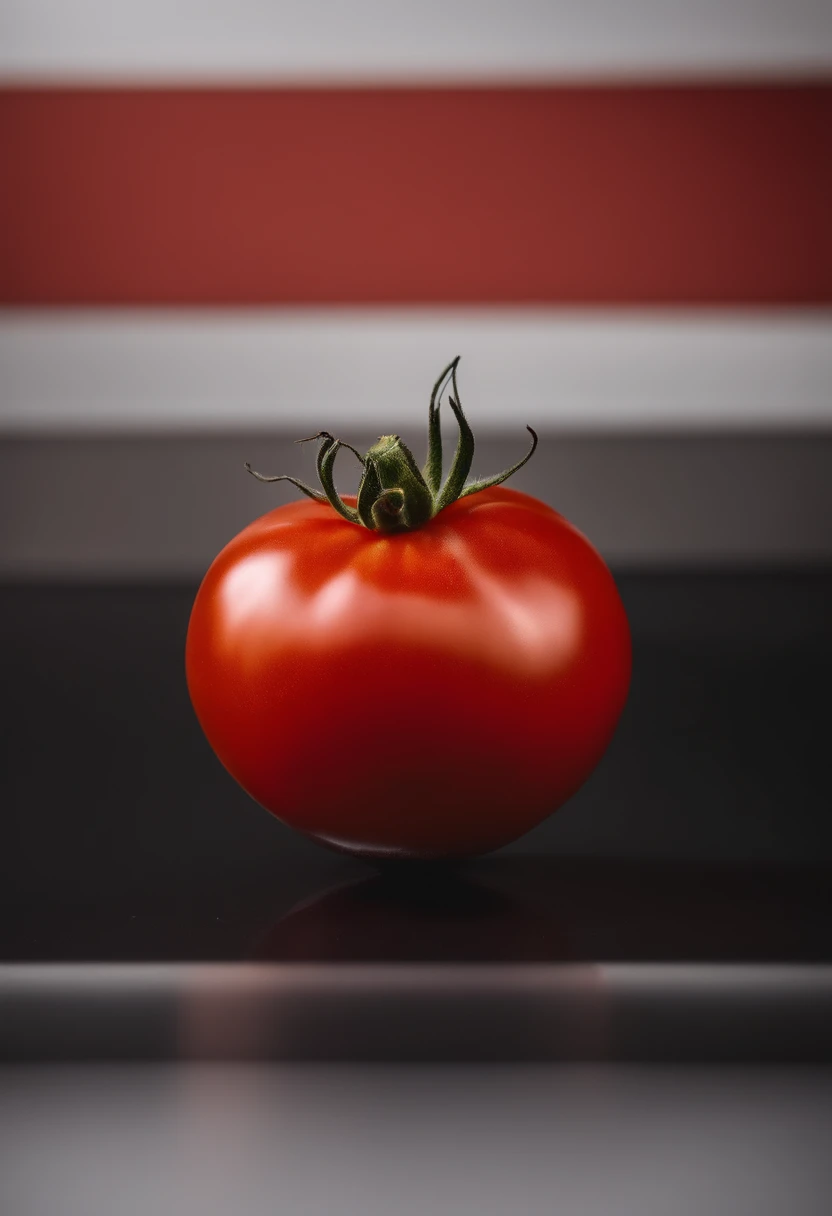 a minimalistic shot of a single tomato against a clean, white or monochromatic background, allowing its bold color and smooth skin to be the focal point