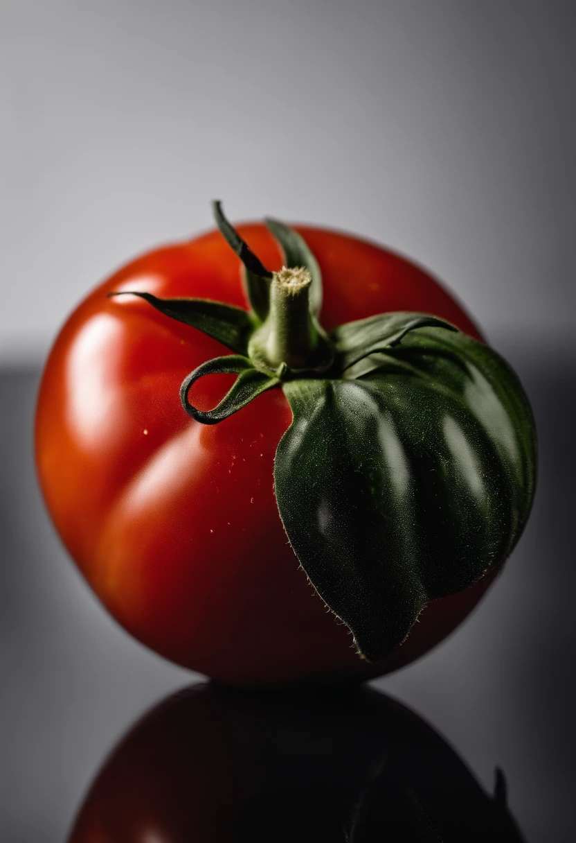 a minimalistic shot of a single tomato against a clean, white or monochromatic background, allowing its bold color and smooth skin to be the focal point