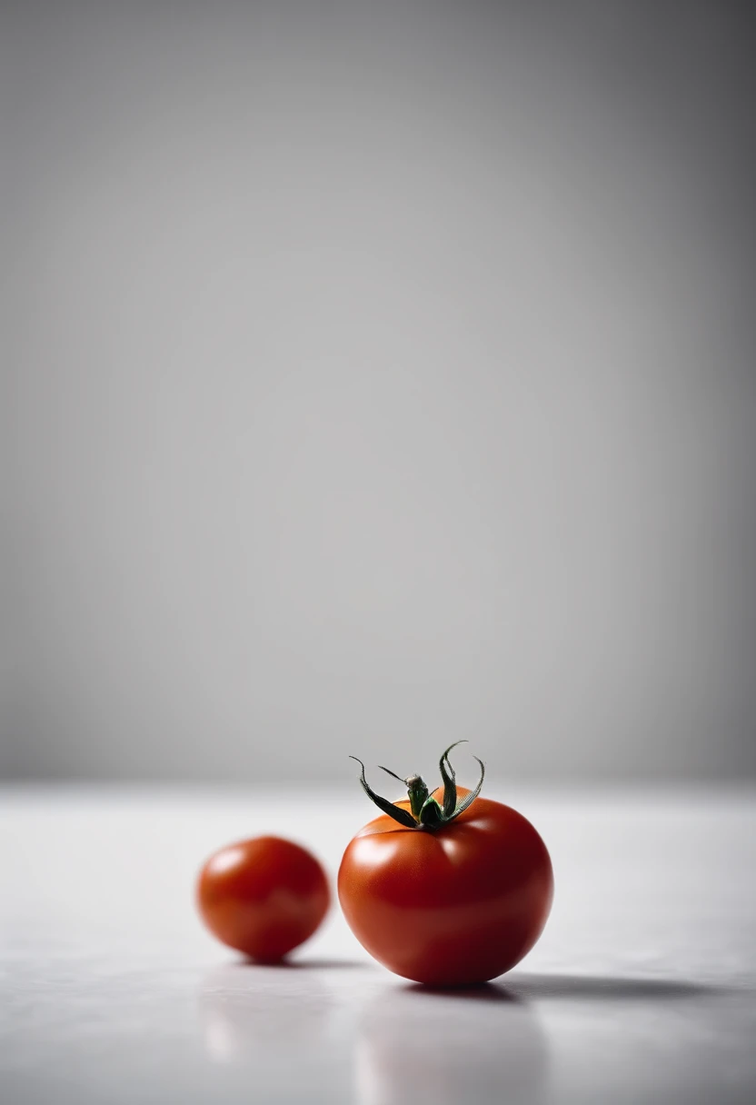 a minimalistic shot of a single tomato against a clean, white or monochromatic background, allowing its bold color and smooth skin to be the focal point