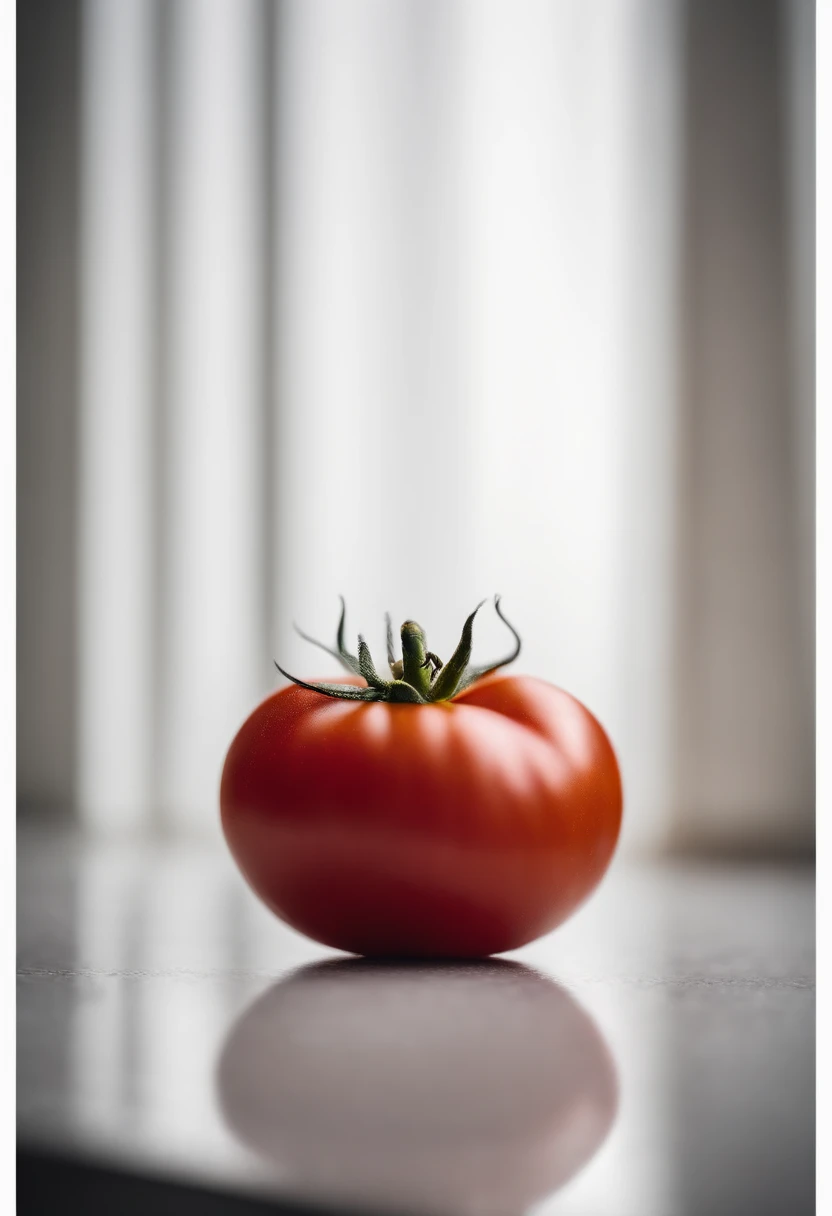 a minimalistic shot of a single tomato against a clean, white or monochromatic background, allowing its bold color and smooth skin to be the focal point