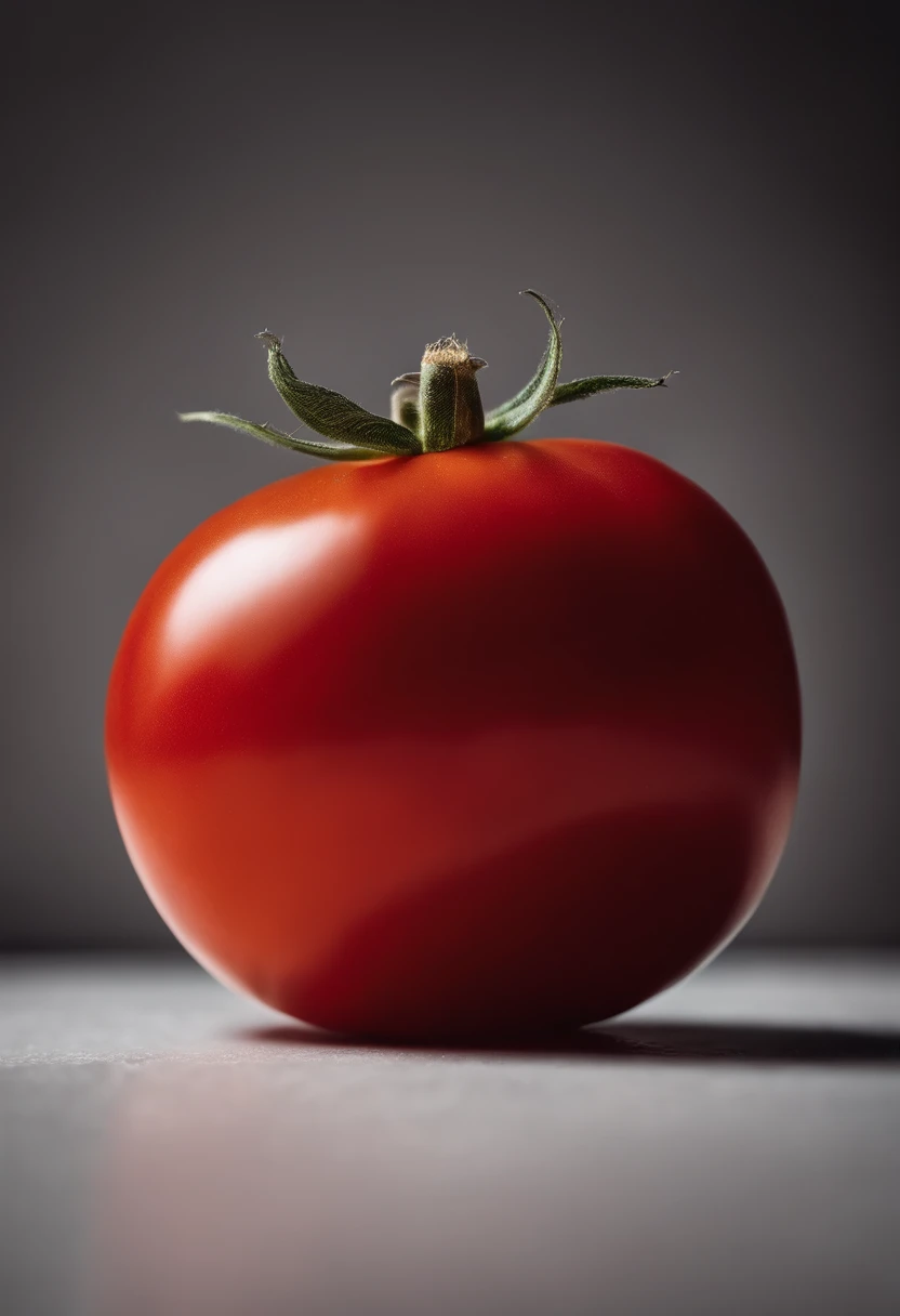 a minimalistic shot of a single tomato against a clean, white or monochromatic background, allowing its bold color and smooth skin to be the focal point