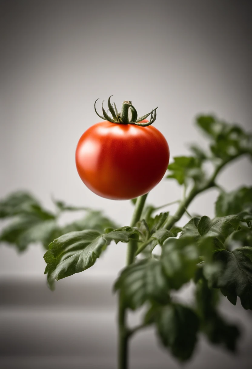 a minimalistic shot of a single tomato against a clean, white or monochromatic background, allowing its bold color and smooth skin to be the focal point