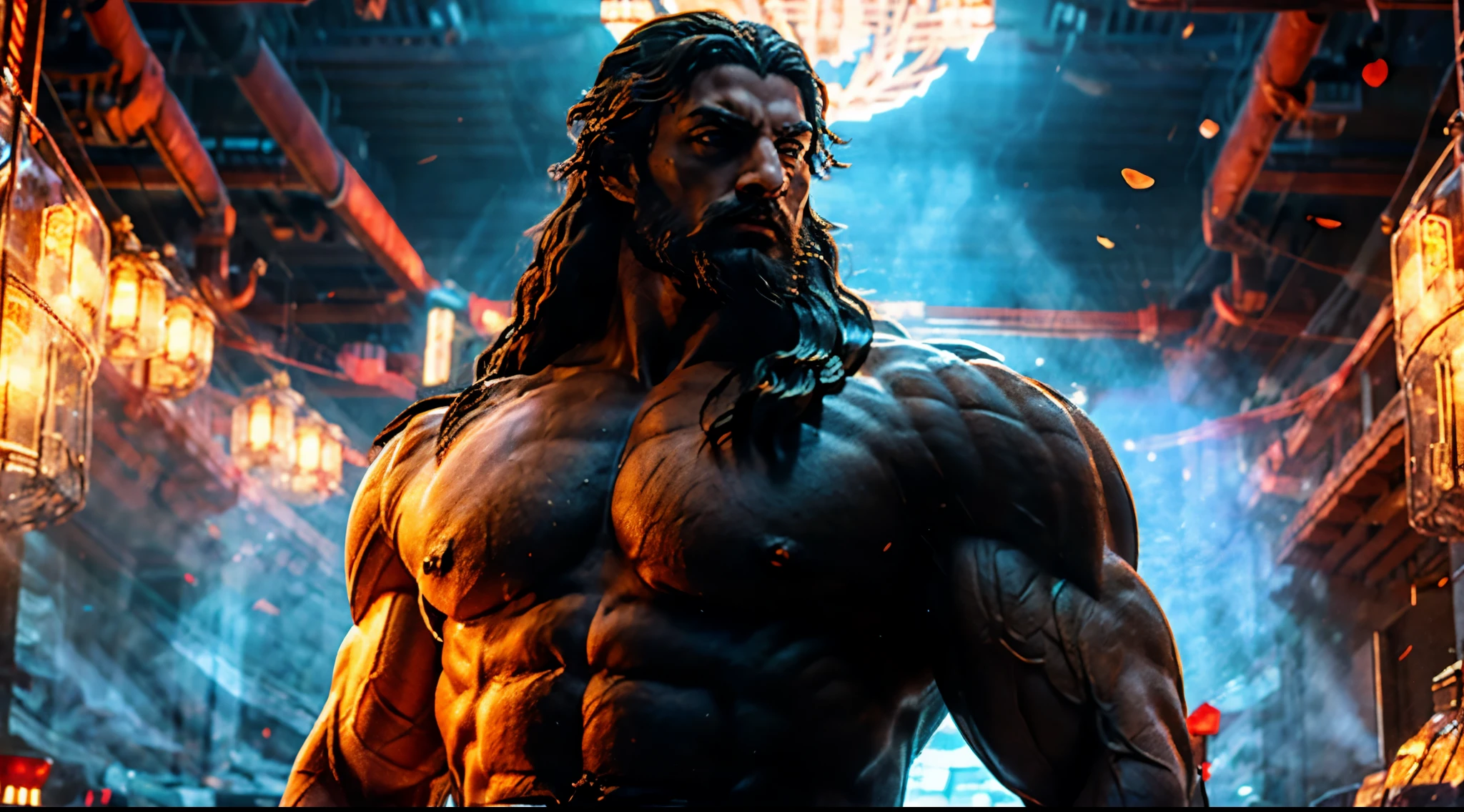 stoic greek statue with very muscular body in profile, stronmg arms, style harcules, veins, long hair, cinematic, 8k, dark background