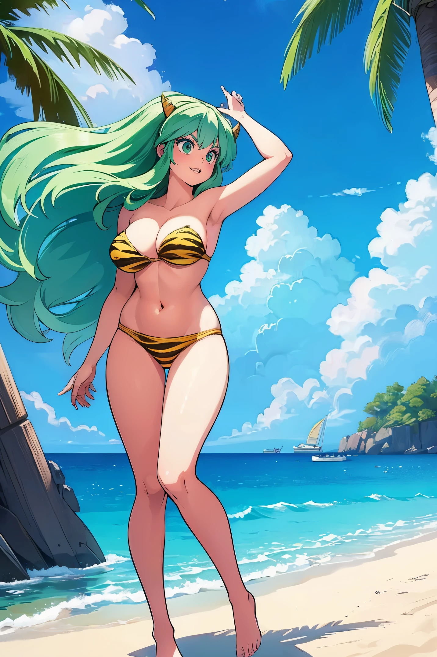 (best quality,4k,8k,highres,masterpiece:1.2),ultra-detailed,(r:1.37), vibrant colors, lum, lighting, beach scenery, bikini model, standing tall and confident, full body emphasis, alluring curves, prominent and voluptuous breasts, captivating green hair flowing in the wind, thunderous aura surrounding her, sharp and mesmerizing teeth, majestic horns protruding from her head.