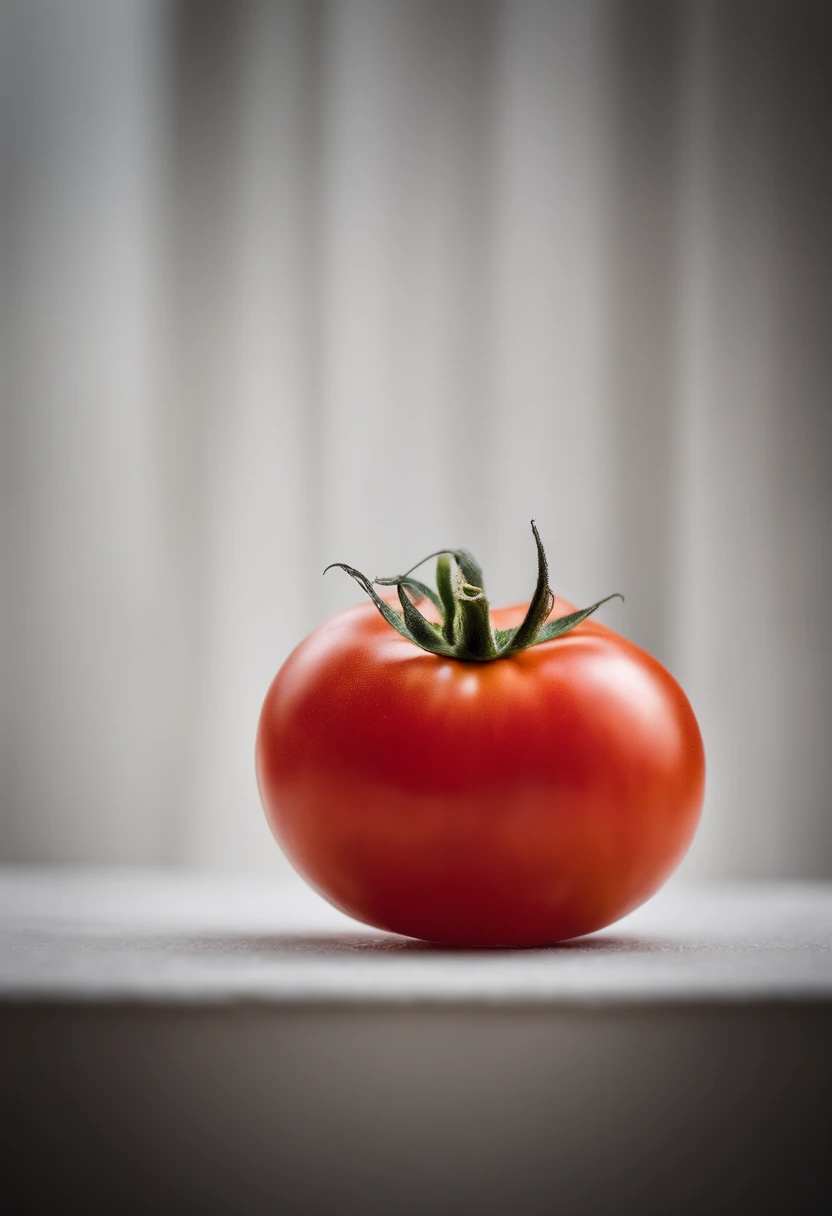 a minimalistic shot of a single tomato against a clean, white or monochromatic background, allowing its bold color and smooth skin to be the focal point