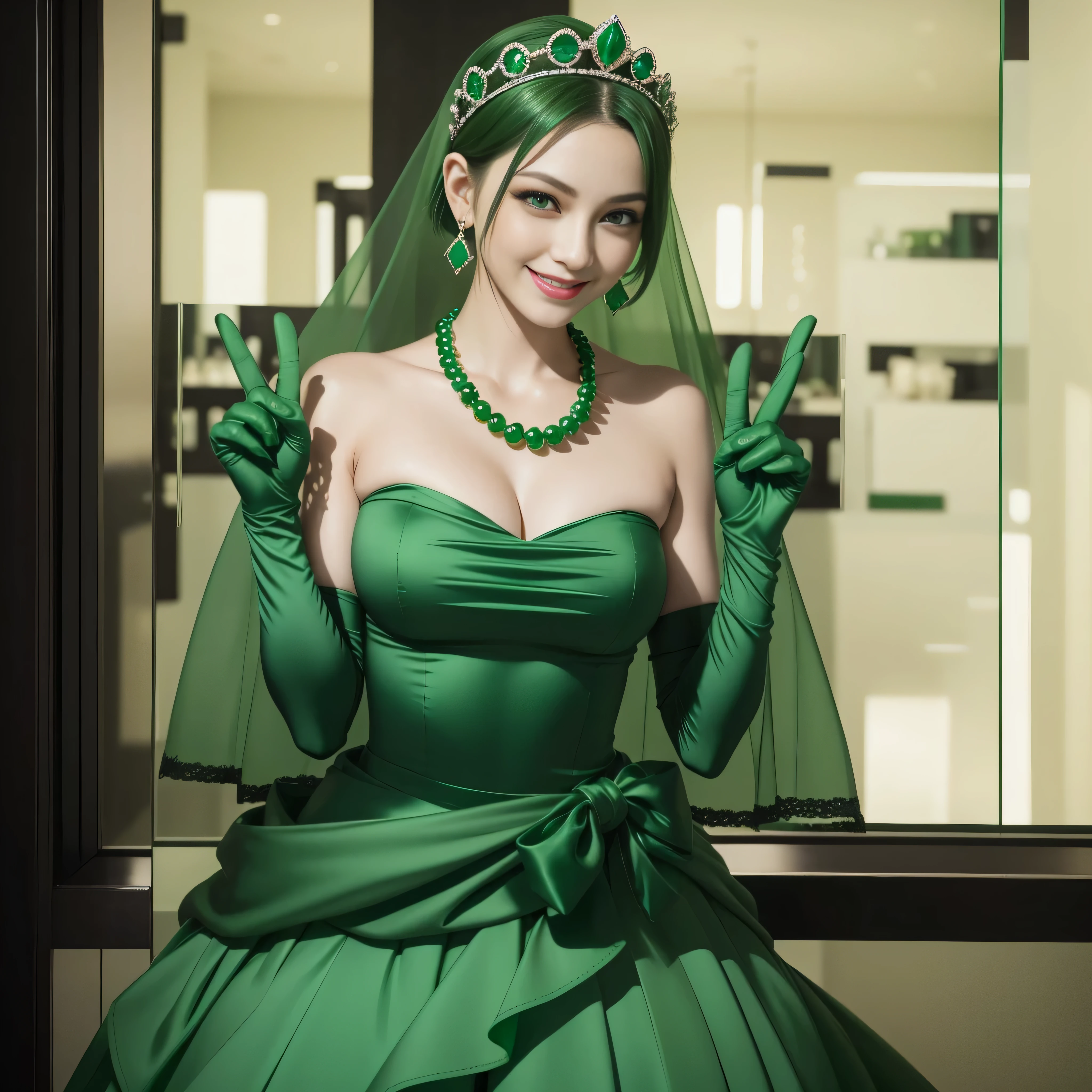emerald tiara, Green Pearl Necklace, Boyish very short green hair, lipsticks, Japan woman smiling, very short short hair, big breasts beautiful, Green eyes, Long green gloves made of satin material, Green eyes, Emerald Earrings, green vale, v sign