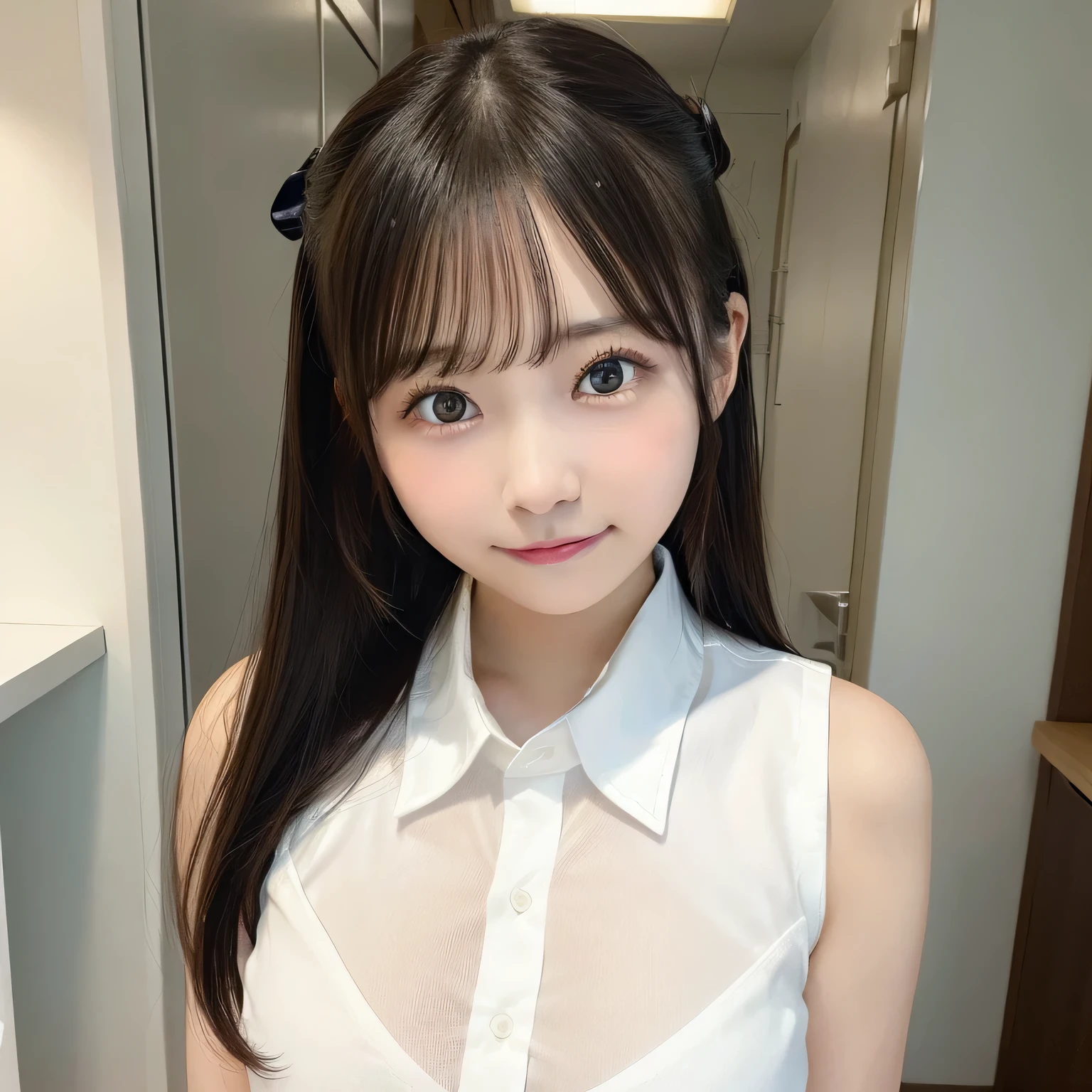 Adorable, japanaese girl,  ( White collared shirt:1.3), Sleeveless,  Standing 、Big breasts,Button is detached、 (Breast:1.0), 上半身_Body, Office,  hair scrunchie,  , (High color saturation:1.0),  (highlydetailed skin), (Best Quality:1.0), (超A high resolution:1.0) ,(photographrealistic:1.0), (ultra-detailliert:1.0), (8K, Raw photo:1.1),(See-through:1.3), (Smile, Looking at Viewer:1),(nffsw:1.0)、Well-formed hands、Clean hands、a 、nogizaka、Beautiful black eyes:1.３、17-year-o scgirl、n behind the back