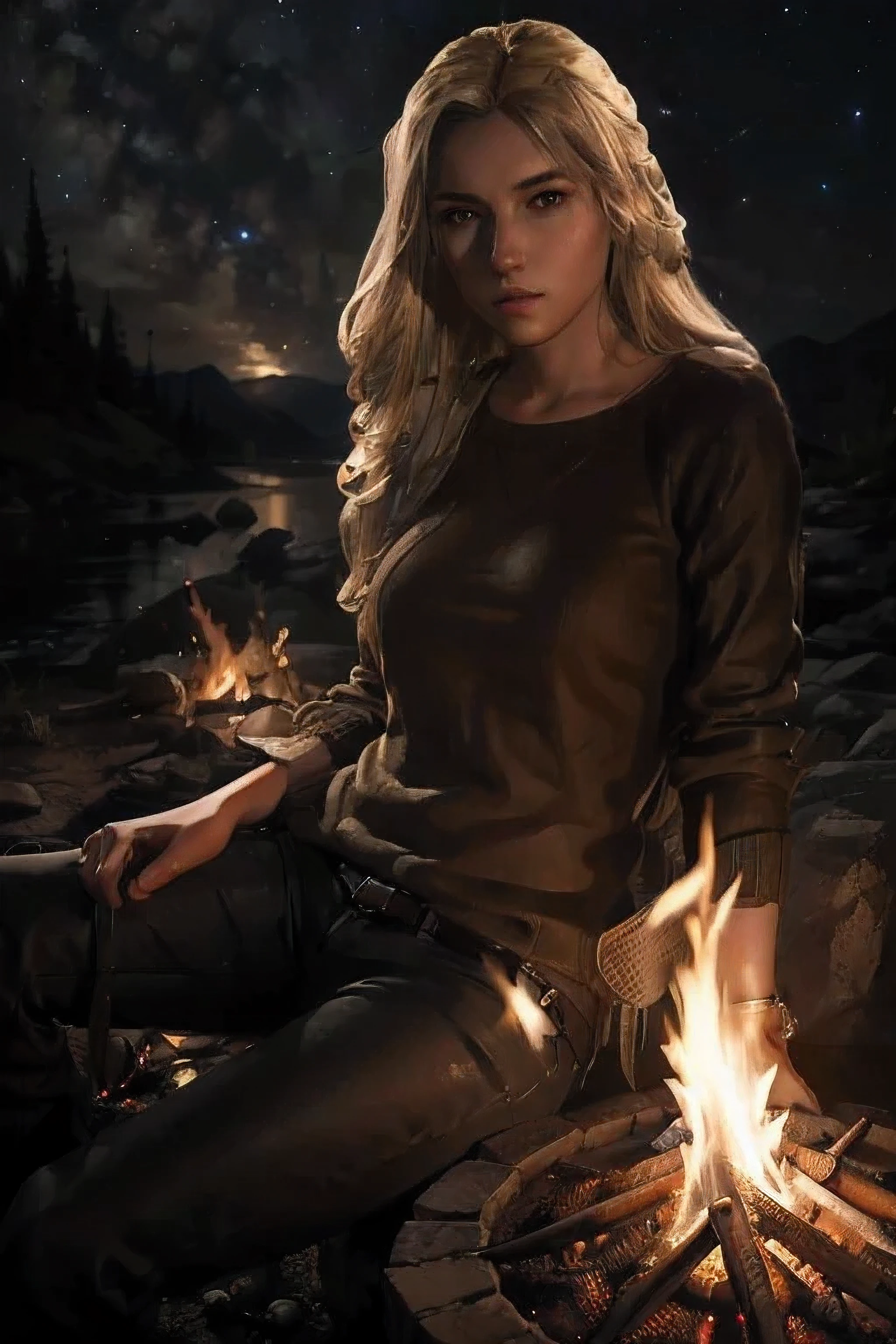 (masterpiece, best quality:1.3) UnchartedElenaFisher, long luscious straight blonde hair sweater, 1girl, solo, explorer, adventure, night skies, campfire, badass, awesome, cool, epic, photorealistic, detailed, high quality, Photorealism, CGSociety, by WLOP, Art