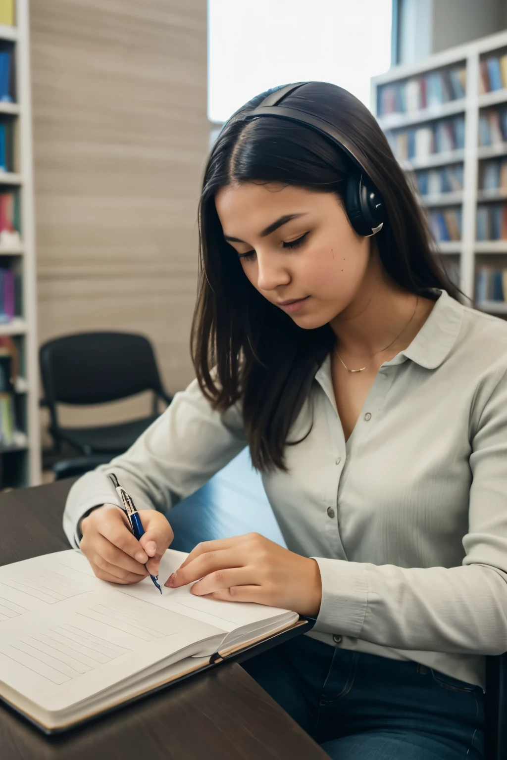 photograph of a young adult female writing in a notebook thoughtfully while attending a video conference on their phone at her local library. The photograph should be warmly lit and feature a shallow depth of field.