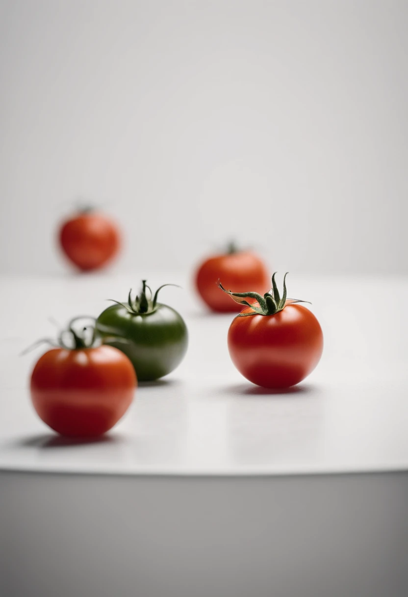 a minimalistic shot of a single tomato against a clean, white or monochromatic background, allowing its bold color and smooth skin to be the focal point