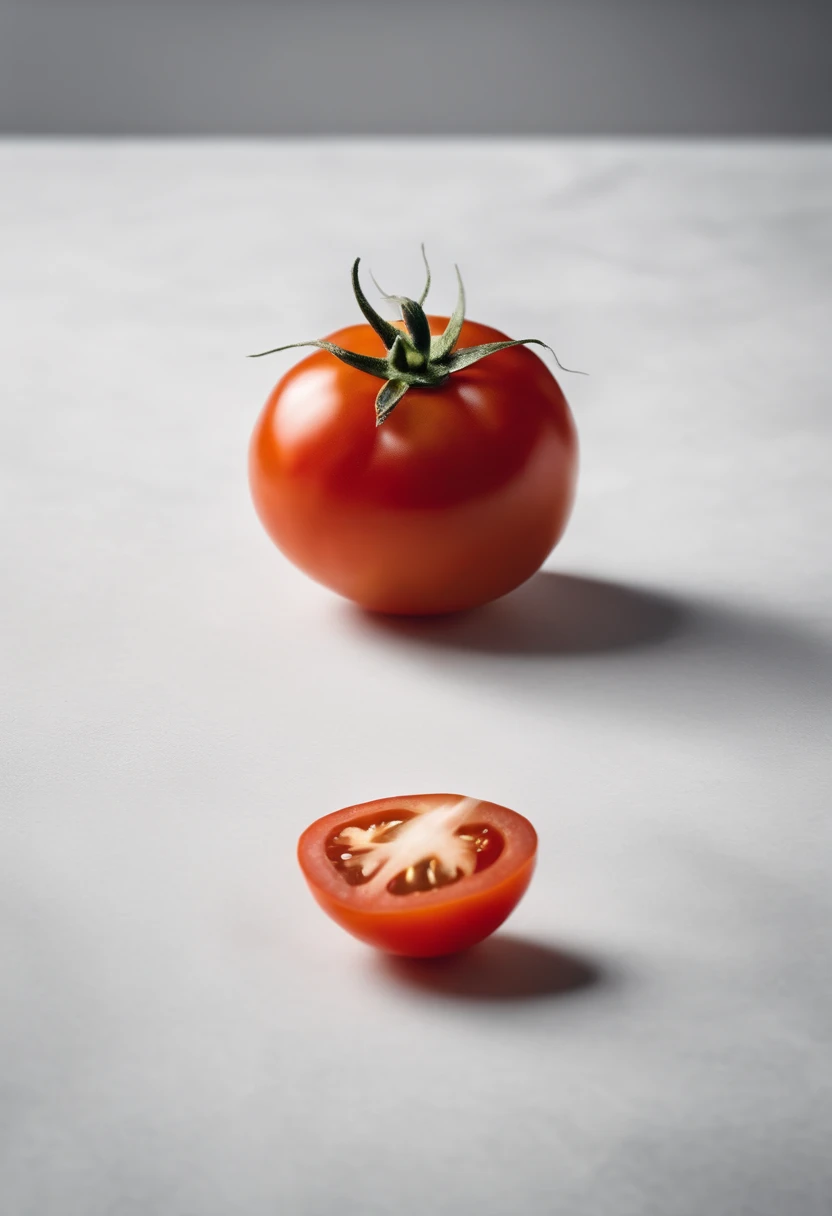 a minimalistic shot of a single tomato against a clean, white or monochromatic background, allowing its bold color and smooth skin to be the focal point