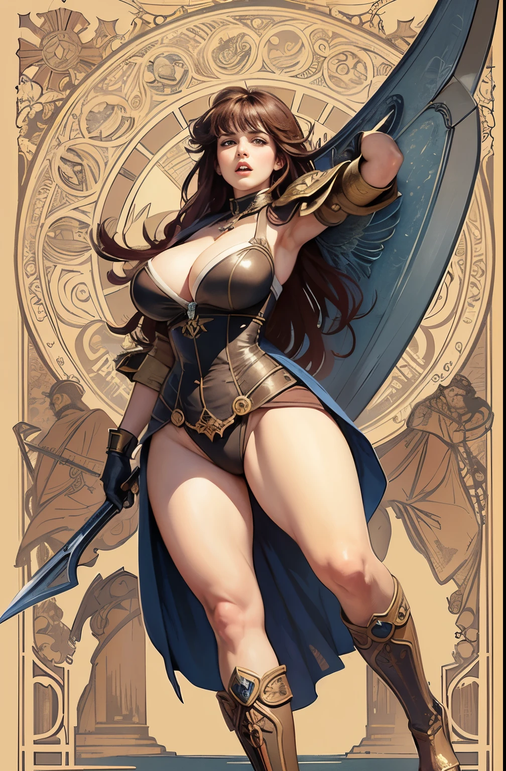 ((masterpiece)), (best quality), (cinematic), art nouveau style watercoloroil painting ,female warrior,large breasts, big eyes, long thick eyelashes, cleavage, full lips, long thick hair, wide hips, high ponytail. taking a big sword , featuring intricate designs and patterns in the style of Alphonse Mucha. a female mature warrior with mechanical wings on her back is shouting and running in front of a giant flying mechanical device in a battleground, curvy woman, cleavage,high heels , steampunk style, holly armor, long fair hair, bangs, fair skin, taking a large thick sword, dynamic angle shot, wind, dynamic pose,