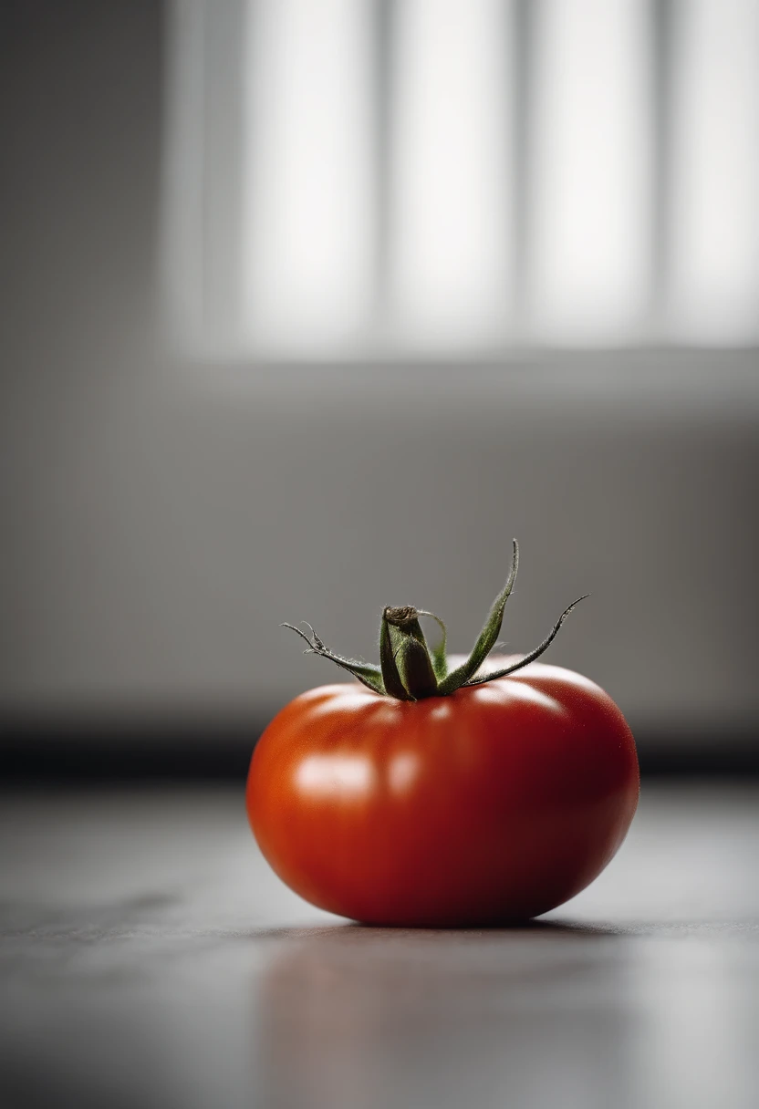 a minimalistic shot of a single tomato against a clean, white or monochromatic background, allowing its bold color and smooth skin to be the focal point
