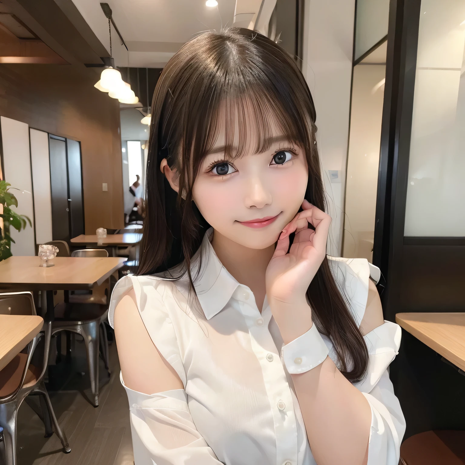 Adorable, japanaese girl,  ( White collared shirt:1.3), Sleeveless,  Standing 、Big breasts,Button is detached、 (Breast:1.0), 上半身_Body, Office,  hair scrunchie,  , (High color saturation:1.0),  (highlydetailed skin), (Best Quality:1.0), (超A high resolution:1.0) ,(photographrealistic:1.0), (ultra-detailliert:1.0), (8K, Raw photo:1.1),(See-through:1.3), (Smile, Looking at Viewer:1),(nffsw:1.0)、Well-formed hands、Clean hands、a baby face、nogizaka、Beautiful black eyes:1.３、17-year-old schoolgirl、Arms thrown behind the back、cafes、beautiful coffee shop、Stylish atmosphere